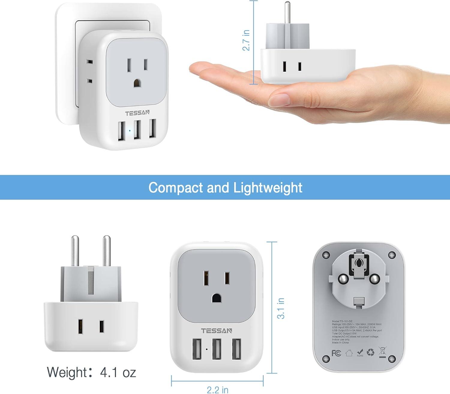 imageTESSAN European Travel Plug Adapter Type C Power Adaptor with 4 AC Outlets 3 USB Ports 2 USB C Europe Outlet Adapter for USA to EU Euro International Italy Iceland Spain France Greece GermanygreywhiteType EF