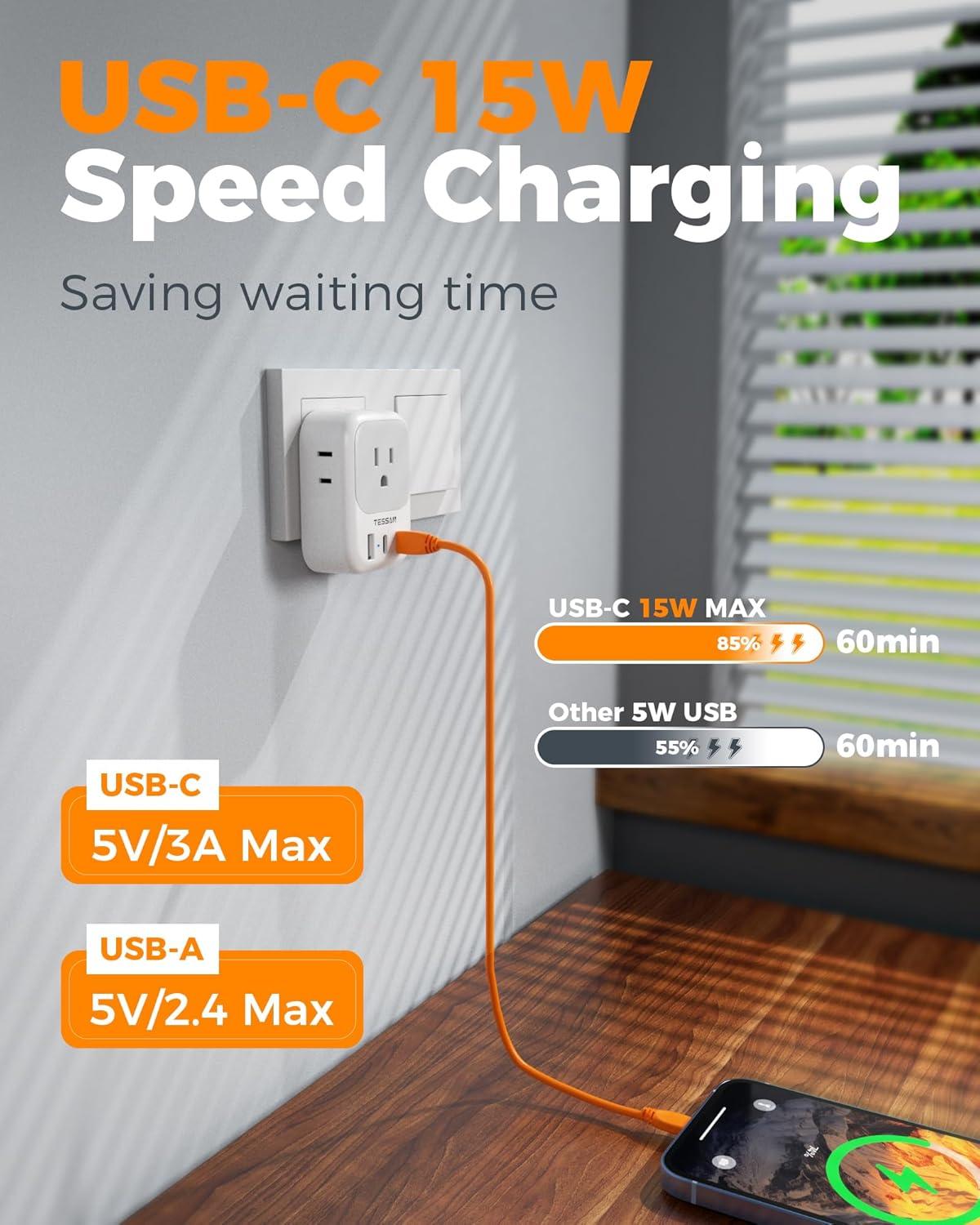 imageTESSAN European Travel Plug Adapter Type C Power Adaptor with 4 AC Outlets 3 USB Ports 2 USB C Europe Outlet Adapter for USA to EU Euro International Italy Iceland Spain France Greece GermanygraywhiteType L