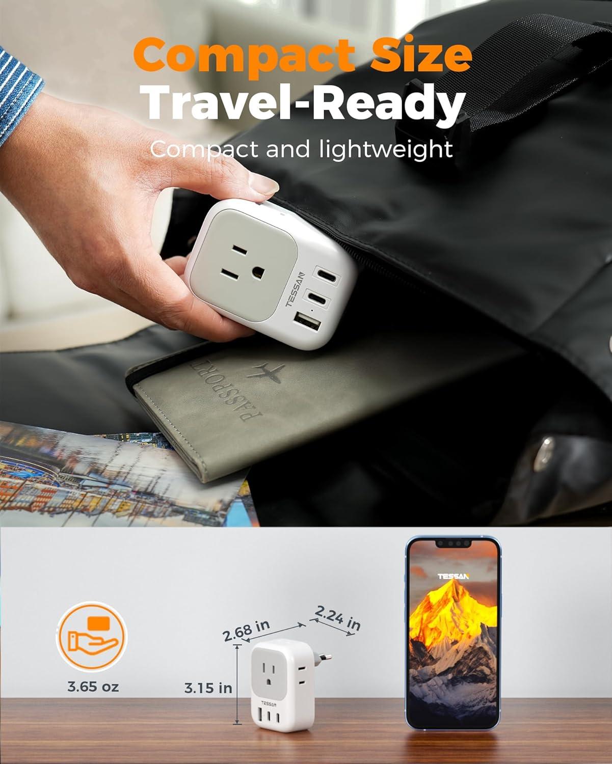 imageTESSAN European Travel Plug Adapter Type C Power Adaptor with 4 AC Outlets 3 USB Ports 2 USB C Europe Outlet Adapter for USA to EU Euro International Italy Iceland Spain France Greece GermanygraywhiteType L