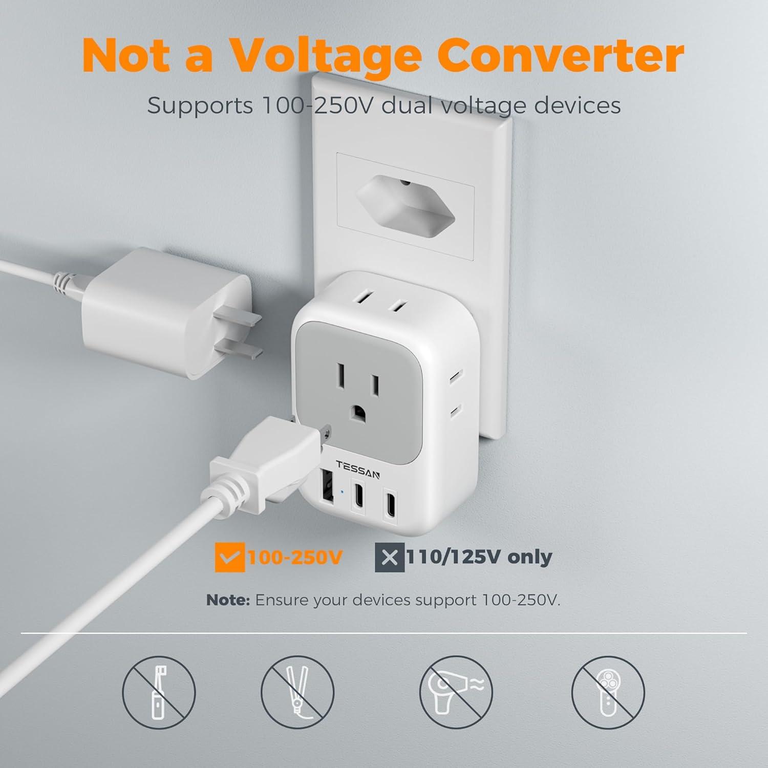 imageTESSAN European Travel Plug Adapter Type C Power Adaptor with 4 AC Outlets 3 USB Ports 2 USB C Europe Outlet Adapter for USA to EU Euro International Italy Iceland Spain France Greece GermanywhitegrayType N