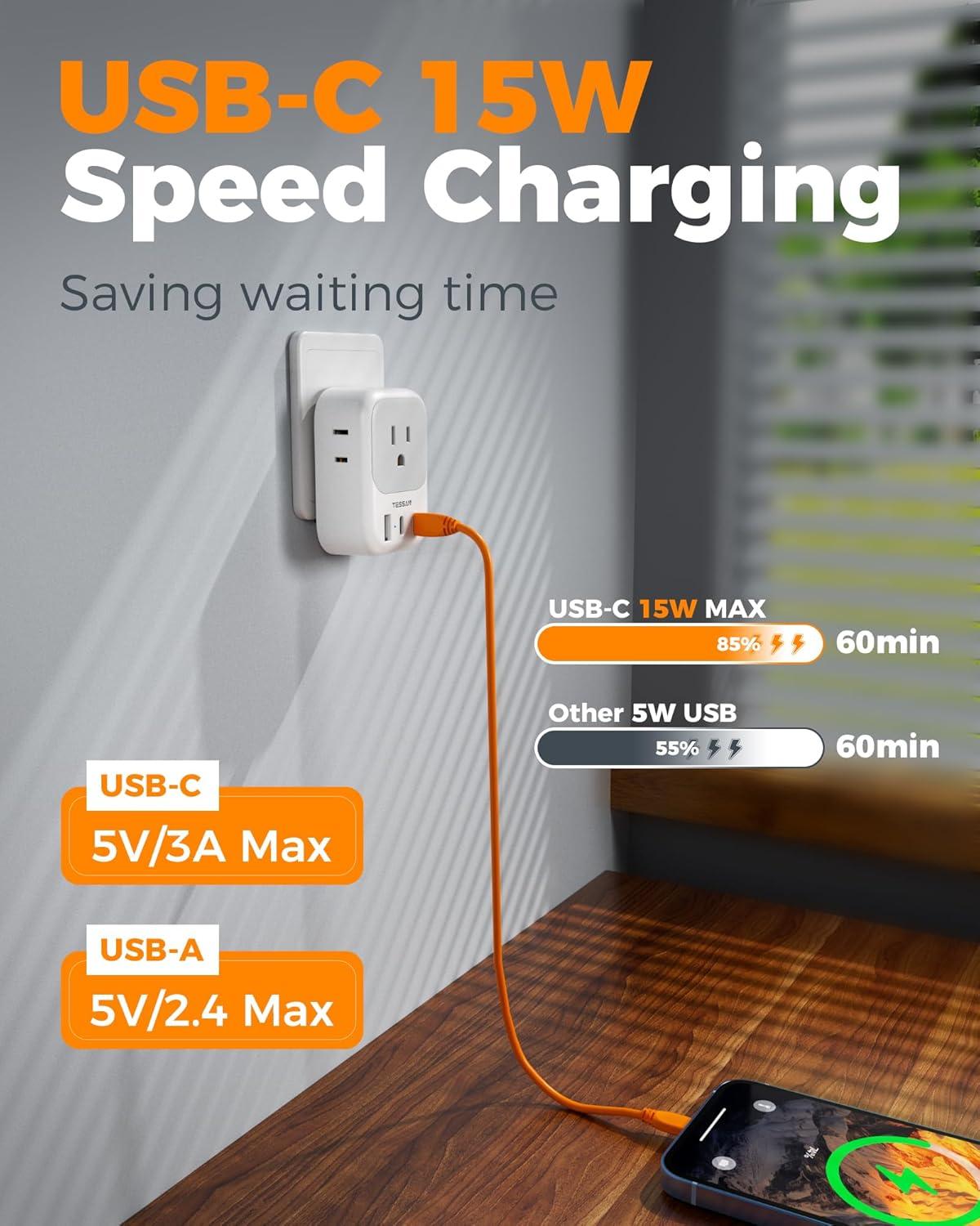 imageTESSAN European Travel Plug Adapter Type C Power Adaptor with 4 AC Outlets 3 USB Ports 2 USB C Europe Outlet Adapter for USA to EU Euro International Italy Iceland Spain France Greece GermanygreywhiteType J