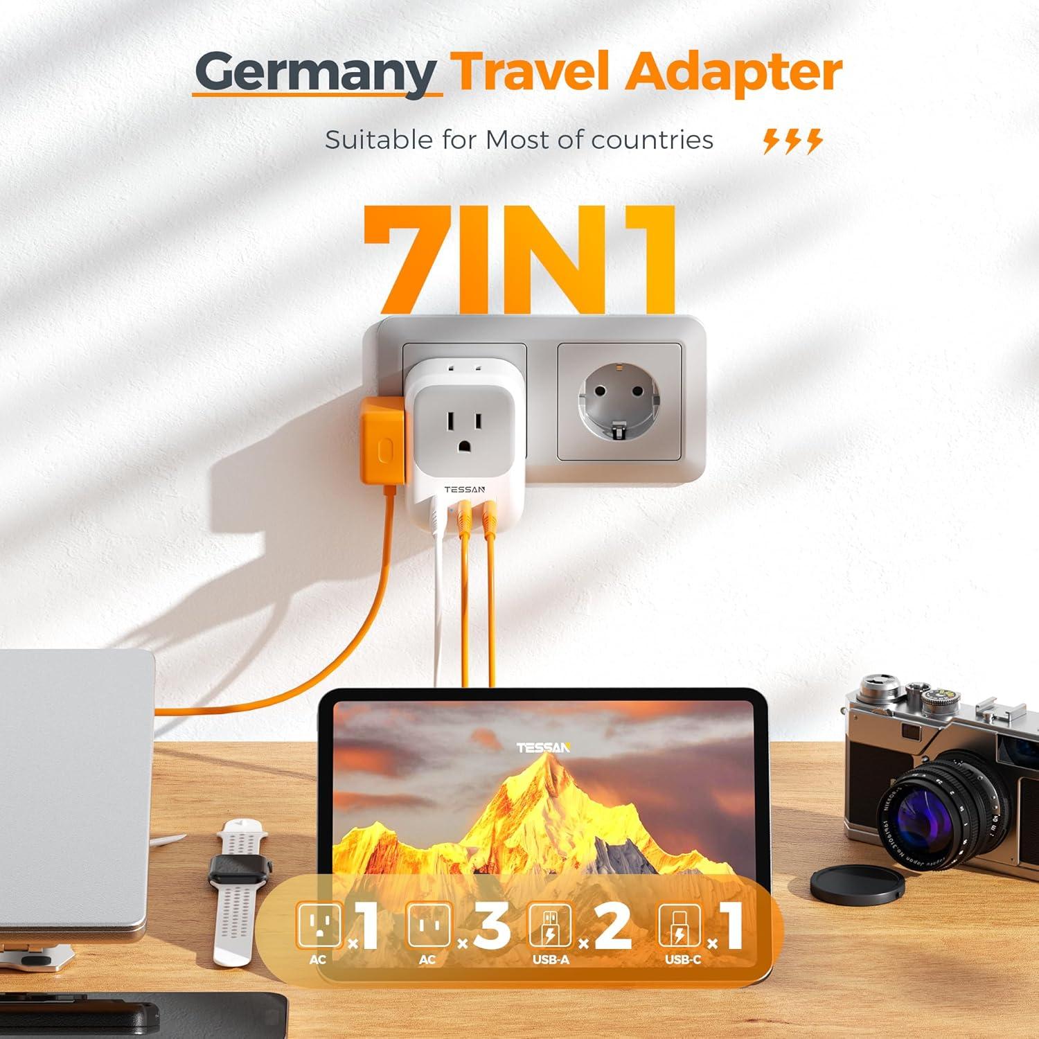 imageTESSAN European Travel Plug Adapter Type C Power Adaptor with 4 AC Outlets 3 USB Ports 2 USB C Europe Outlet Adapter for USA to EU Euro International Italy Iceland Spain France Greece GermanyGreyType EF 2 USB C