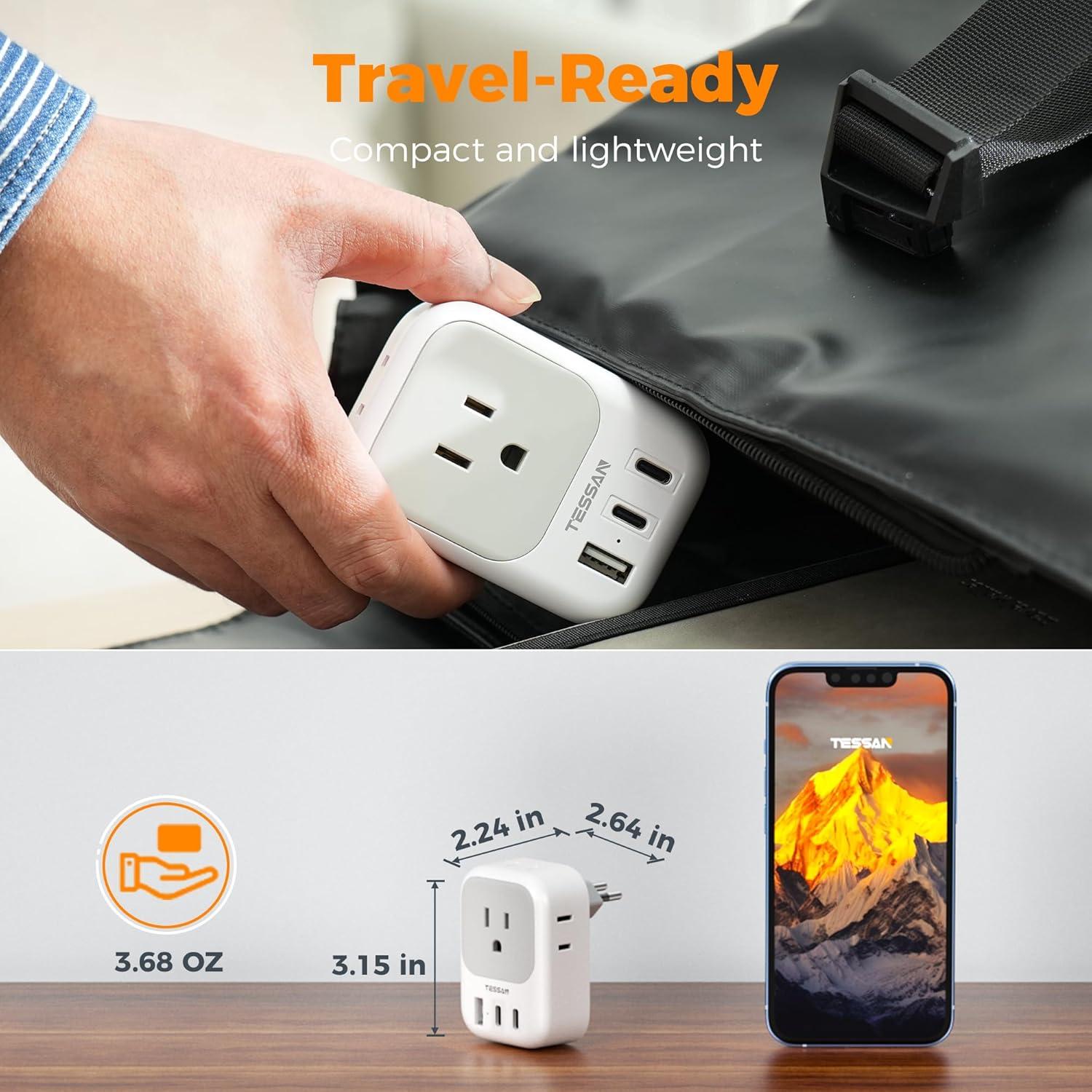 imageTESSAN European Travel Plug Adapter Type C Power Adaptor with 4 AC Outlets 3 USB Ports 2 USB C Europe Outlet Adapter for USA to EU Euro International Italy Iceland Spain France Greece GermanywhitegrayType N