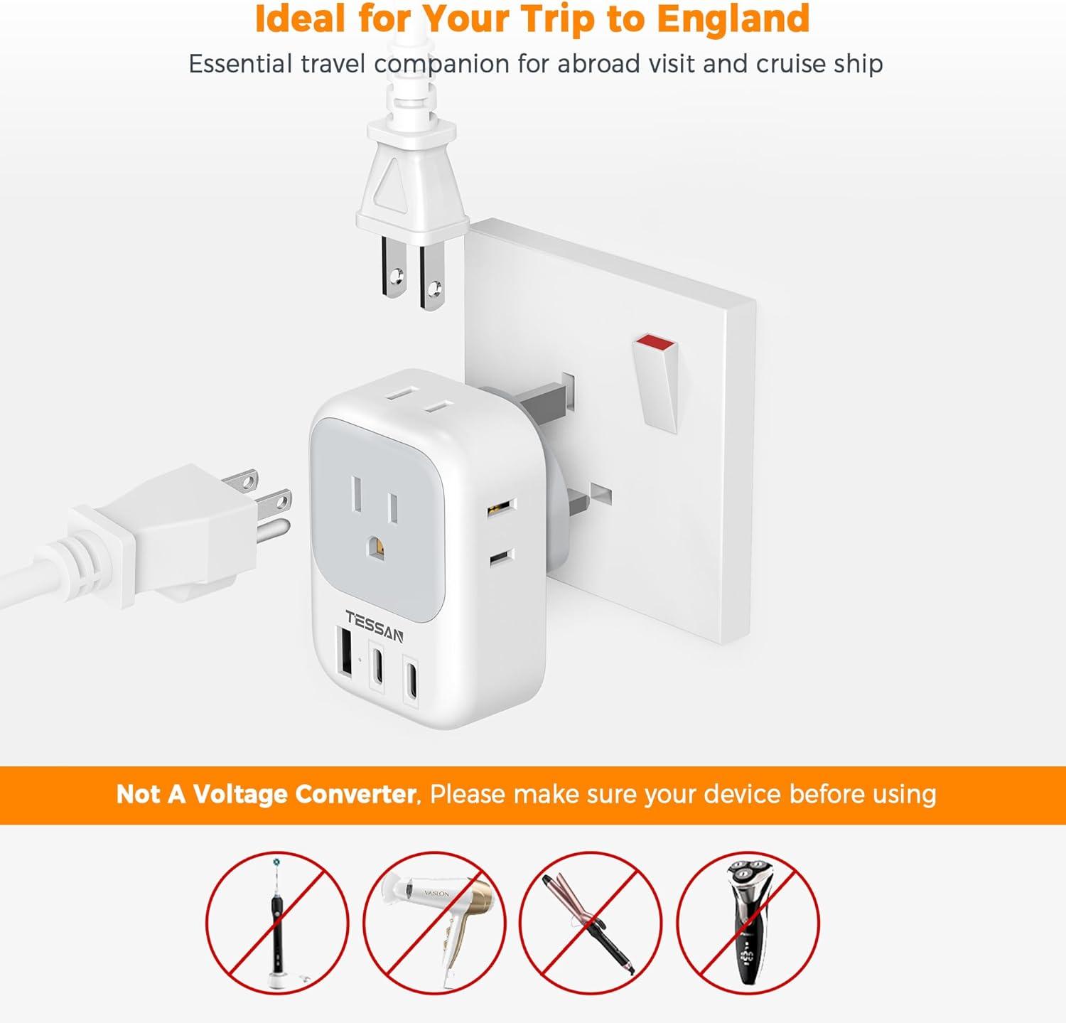 imageTESSAN European Travel Plug Adapter Type C Power Adaptor with 4 AC Outlets 3 USB Ports 2 USB C Europe Outlet Adapter for USA to EU Euro International Italy Iceland Spain France Greece GermanyGreyType G 2 USB C