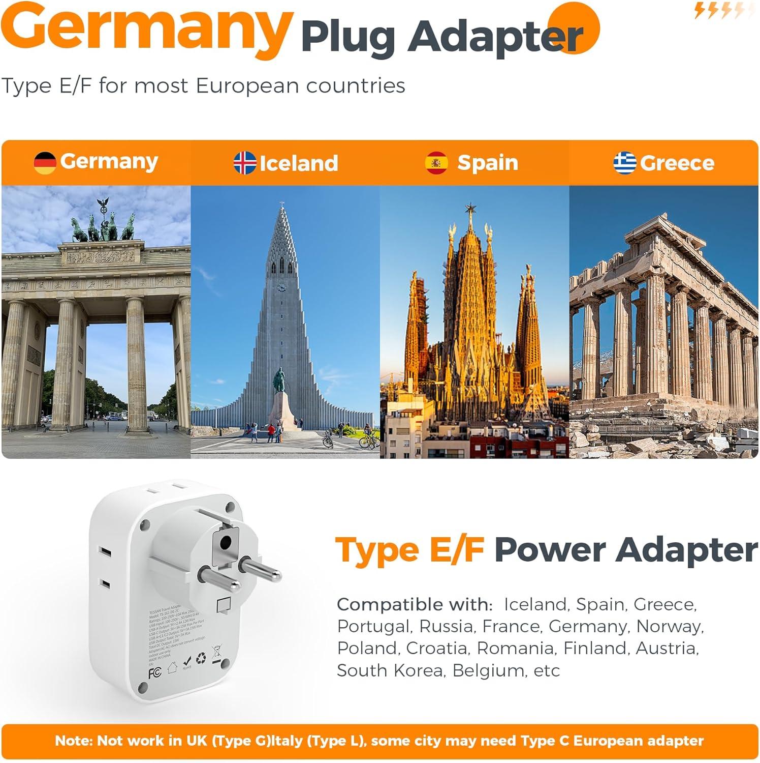 imageTESSAN European Travel Plug Adapter Type C Power Adaptor with 4 AC Outlets 3 USB Ports 2 USB C Europe Outlet Adapter for USA to EU Euro International Italy Iceland Spain France Greece GermanyGreyType EF 2 USB C
