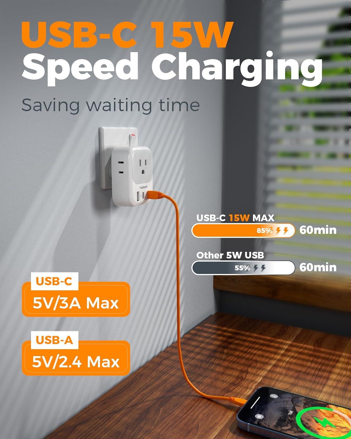 imageTESSAN European Travel Plug Adapter Type C Power Adaptor with 4 AC Outlets 3 USB Ports 2 USB C Europe Outlet Adapter for USA to EU Euro International Italy Iceland Spain France Greece GermanywhitegrayType D