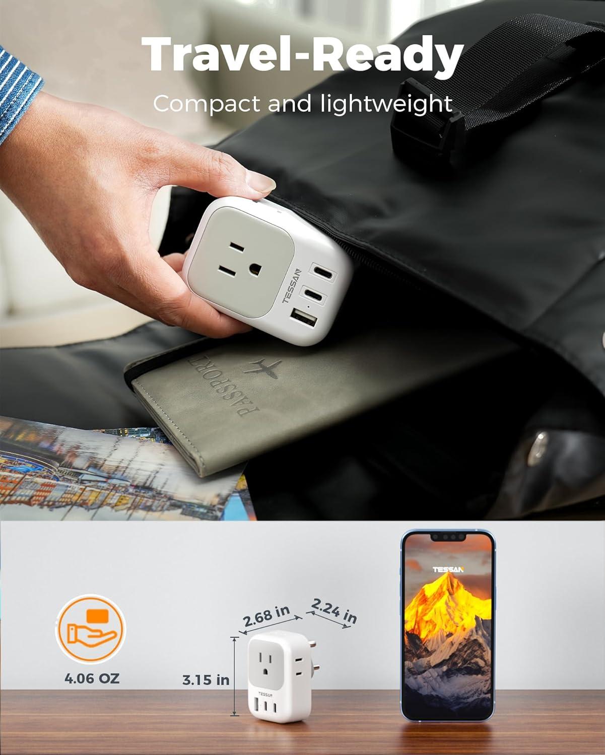 imageTESSAN European Travel Plug Adapter Type C Power Adaptor with 4 AC Outlets 3 USB Ports 2 USB C Europe Outlet Adapter for USA to EU Euro International Italy Iceland Spain France Greece GermanywhitegrayType D