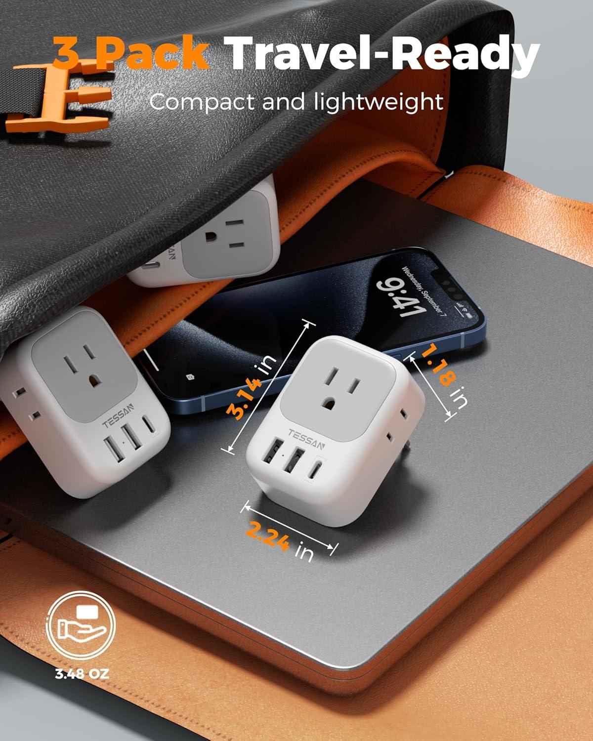 imageTESSAN European Travel Plug Adapter USB C 3 Pack US to Europe Plug Adaptor with 4 AC Outlets 3 USB Charging Ports Type C Power Adapter for USA to EU Euro Spain France Iceland Italy Germany GreeceGrayWhiteType C