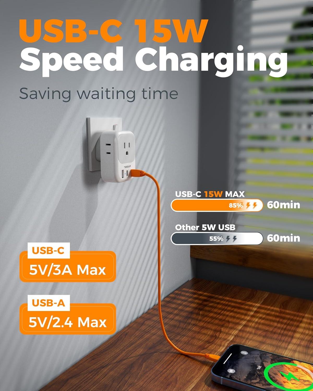 imageTESSAN European Travel Plug Adapter USB C 3 Pack US to Europe Plug Adaptor with 4 AC Outlets 3 USB Charging Ports Type C Power Adapter for USA to EU Euro Spain France Iceland Italy Germany GreecegraywhiteType G