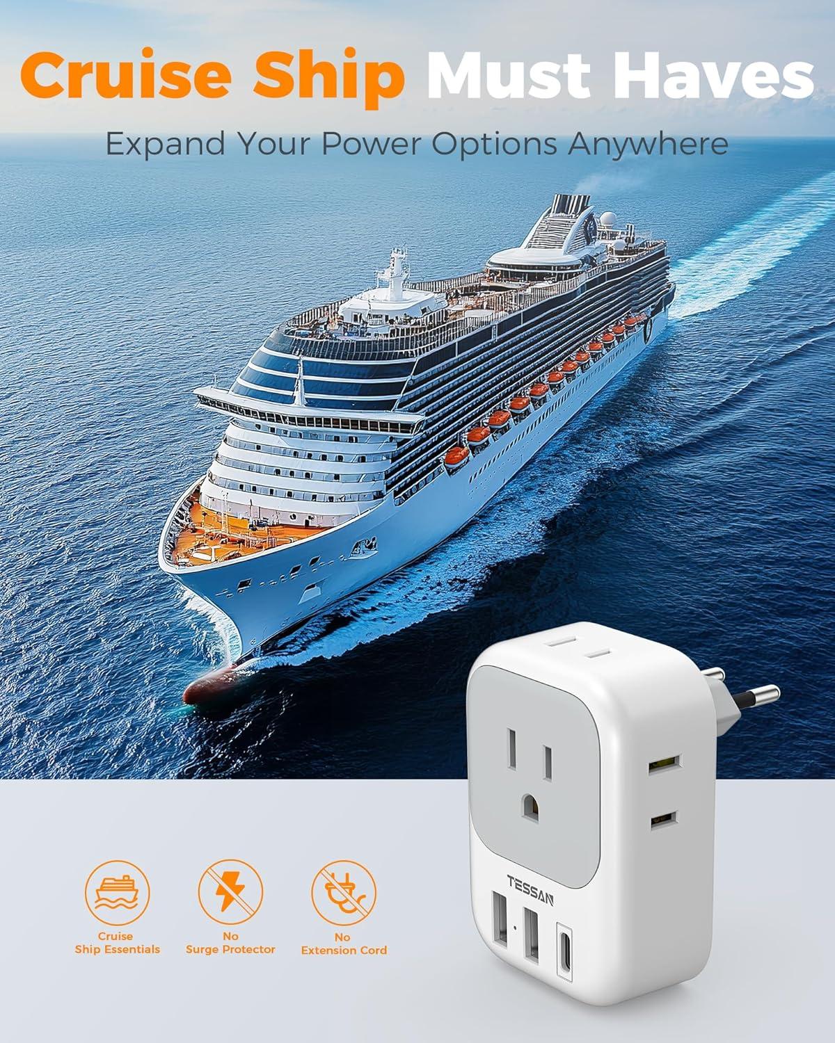 imageTESSAN European Travel Plug Adapter USB C 3 Pack US to Europe Plug Adaptor with 4 AC Outlets 3 USB Charging Ports Type C Power Adapter for USA to EU Euro Spain France Iceland Italy Germany GreeceGrayWhiteType C