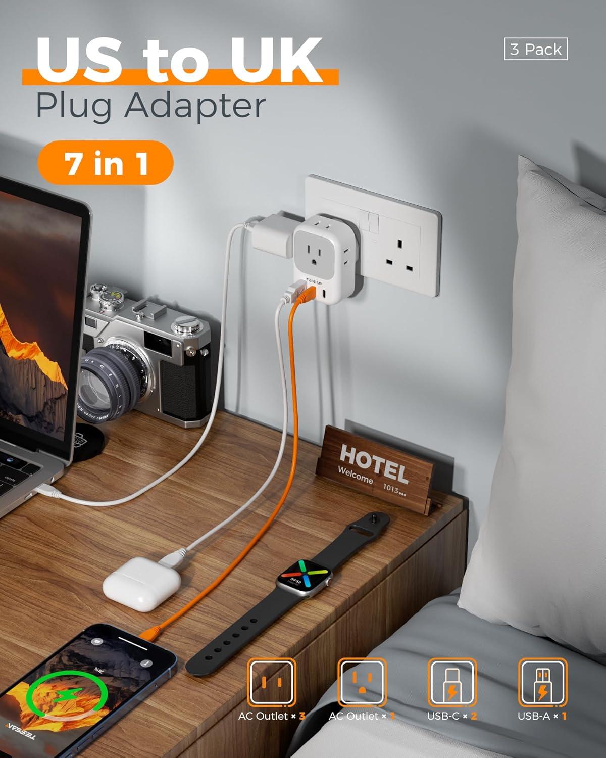 imageTESSAN European Travel Plug Adapter USB C 3 Pack US to Europe Plug Adaptor with 4 AC Outlets 3 USB Charging Ports Type C Power Adapter for USA to EU Euro Spain France Iceland Italy Germany GreecegraywhiteType G