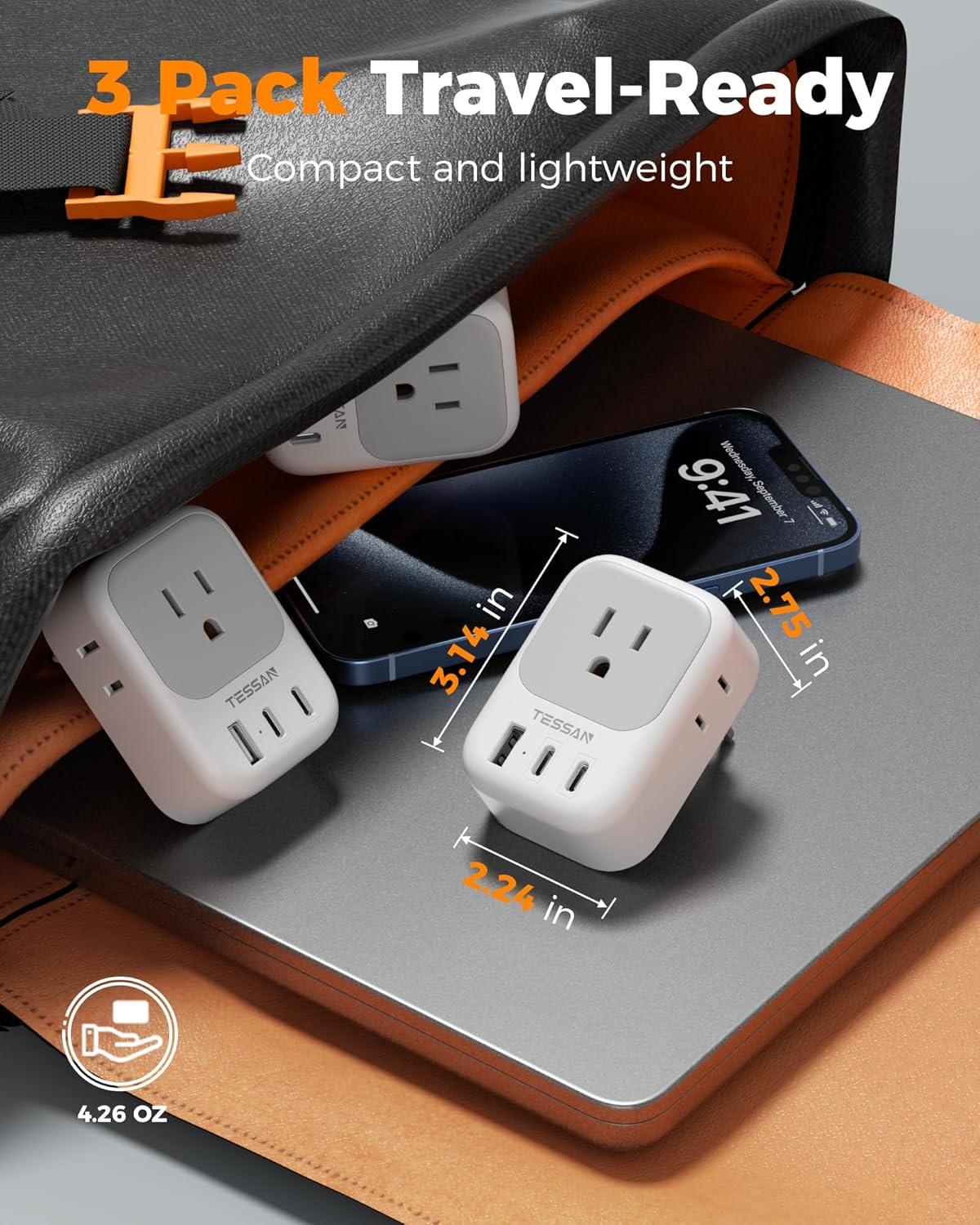 imageTESSAN European Travel Plug Adapter USB C 3 Pack US to Europe Plug Adaptor with 4 AC Outlets 3 USB Charging Ports Type C Power Adapter for USA to EU Euro Spain France Iceland Italy Germany GreeceGreyType C