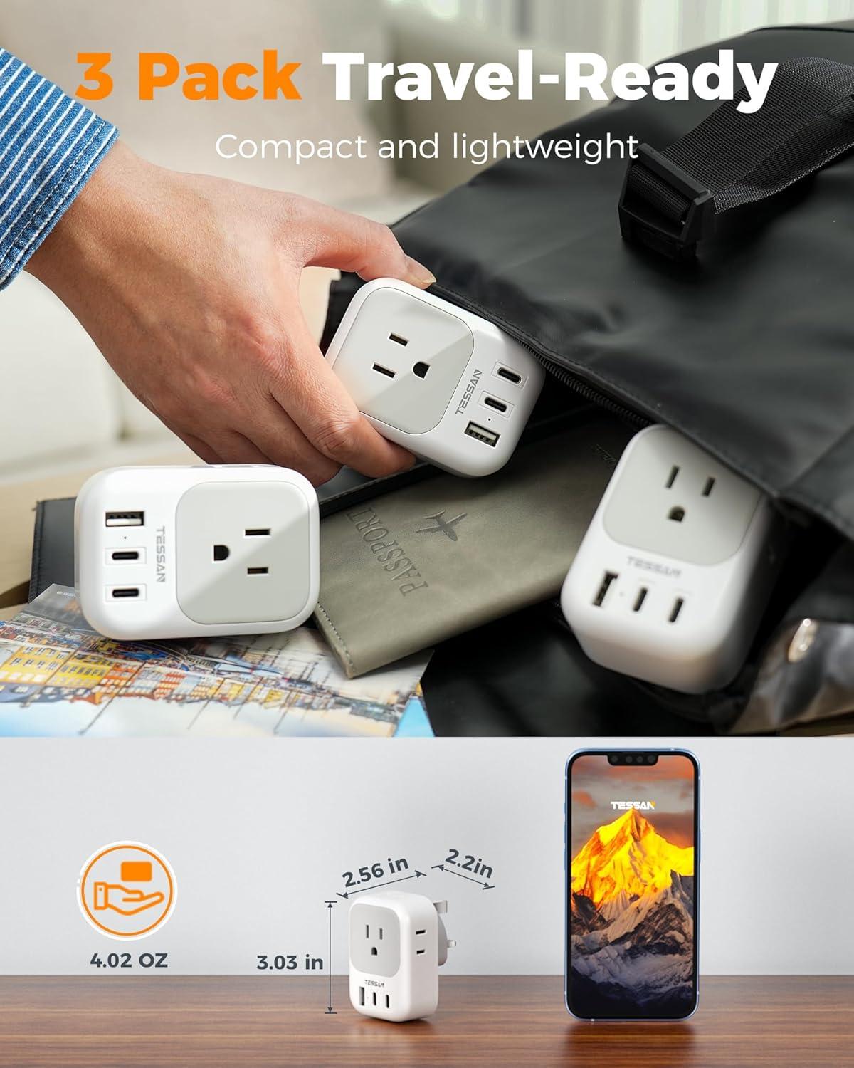 imageTESSAN European Travel Plug Adapter USB C 3 Pack US to Europe Plug Adaptor with 4 AC Outlets 3 USB Charging Ports Type C Power Adapter for USA to EU Euro Spain France Iceland Italy Germany GreecegraywhiteType G
