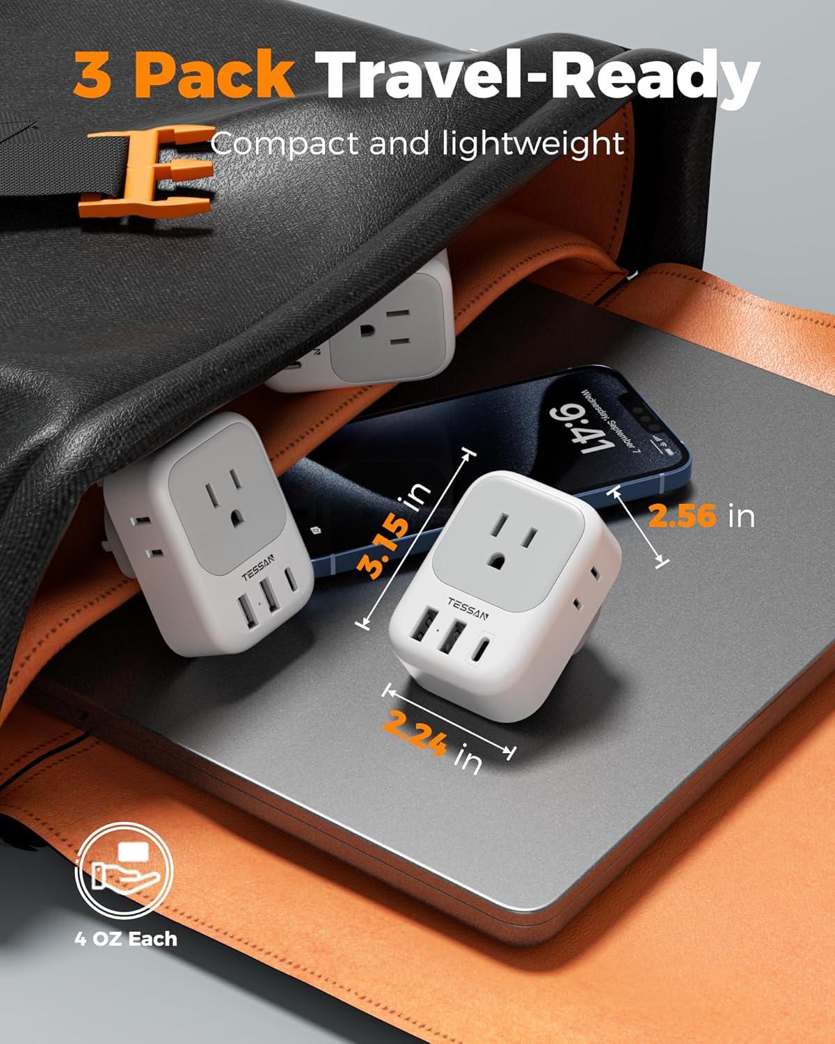 imageTESSAN European Travel Plug Adapter USB C 3 Pack US to Europe Plug Adaptor with 4 AC Outlets 3 USB Charging Ports Type C Power Adapter for USA to EU Euro Spain France Iceland Italy Germany GreeceGreyType G
