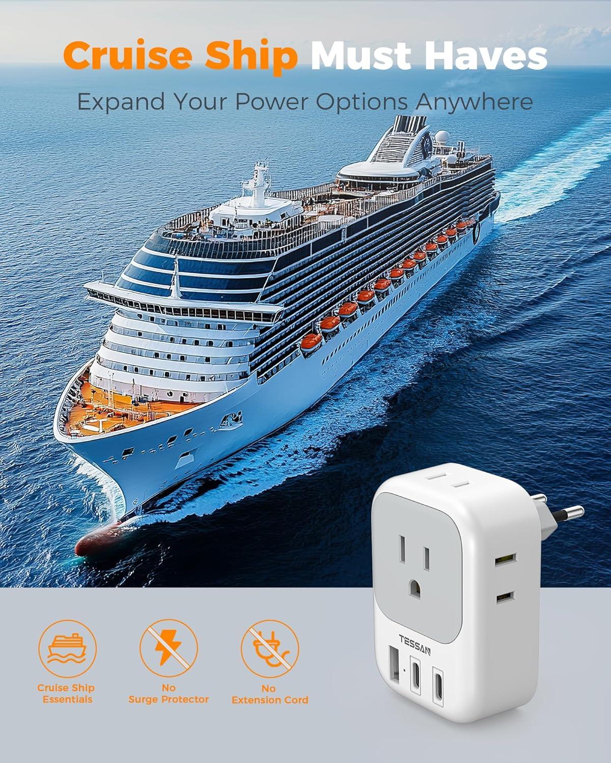 imageTESSAN European Travel Plug Adapter USB C 3 Pack US to Europe Plug Adaptor with 4 AC Outlets 3 USB Charging Ports Type C Power Adapter for USA to EU Euro Spain France Iceland Italy Germany GreeceGreyType C