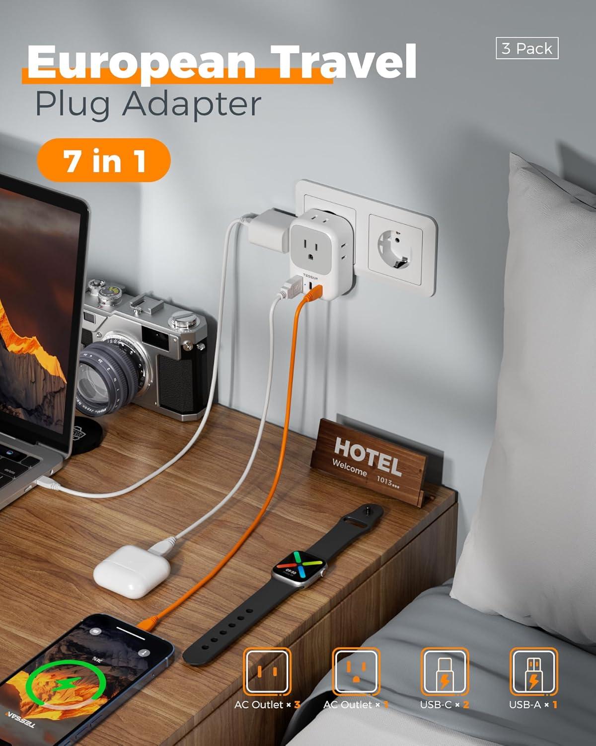 imageTESSAN European Travel Plug Adapter USB C 3 Pack US to Europe Plug Adaptor with 4 AC Outlets 3 USB Charging Ports Type C Power Adapter for USA to EU Euro Spain France Iceland Italy Germany GreeceGreyType C