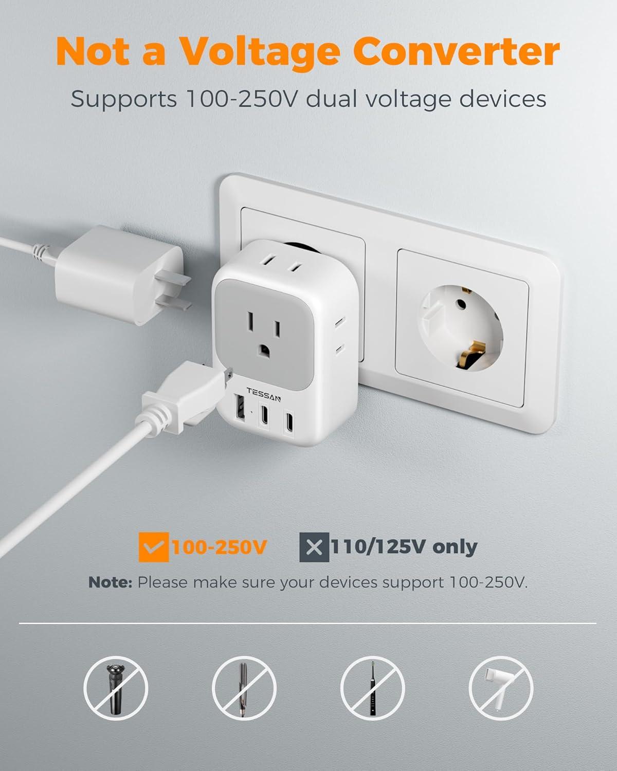 imageTESSAN European Travel Plug Adapter USB C 3 Pack US to Europe Plug Adaptor with 4 AC Outlets 3 USB Charging Ports Type C Power Adapter for USA to EU Euro Spain France Iceland Italy Germany GreeceGreyType C