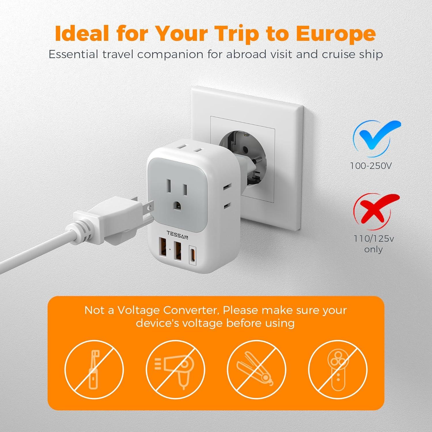 imageTESSAN South Africa Power Adapter Type M Plug Adaptor with 4 American Outlets 3 USB Charger 1 USB C Port for US to Bhutan Botswana Namibia NepalType CMost of EuropeFoldable