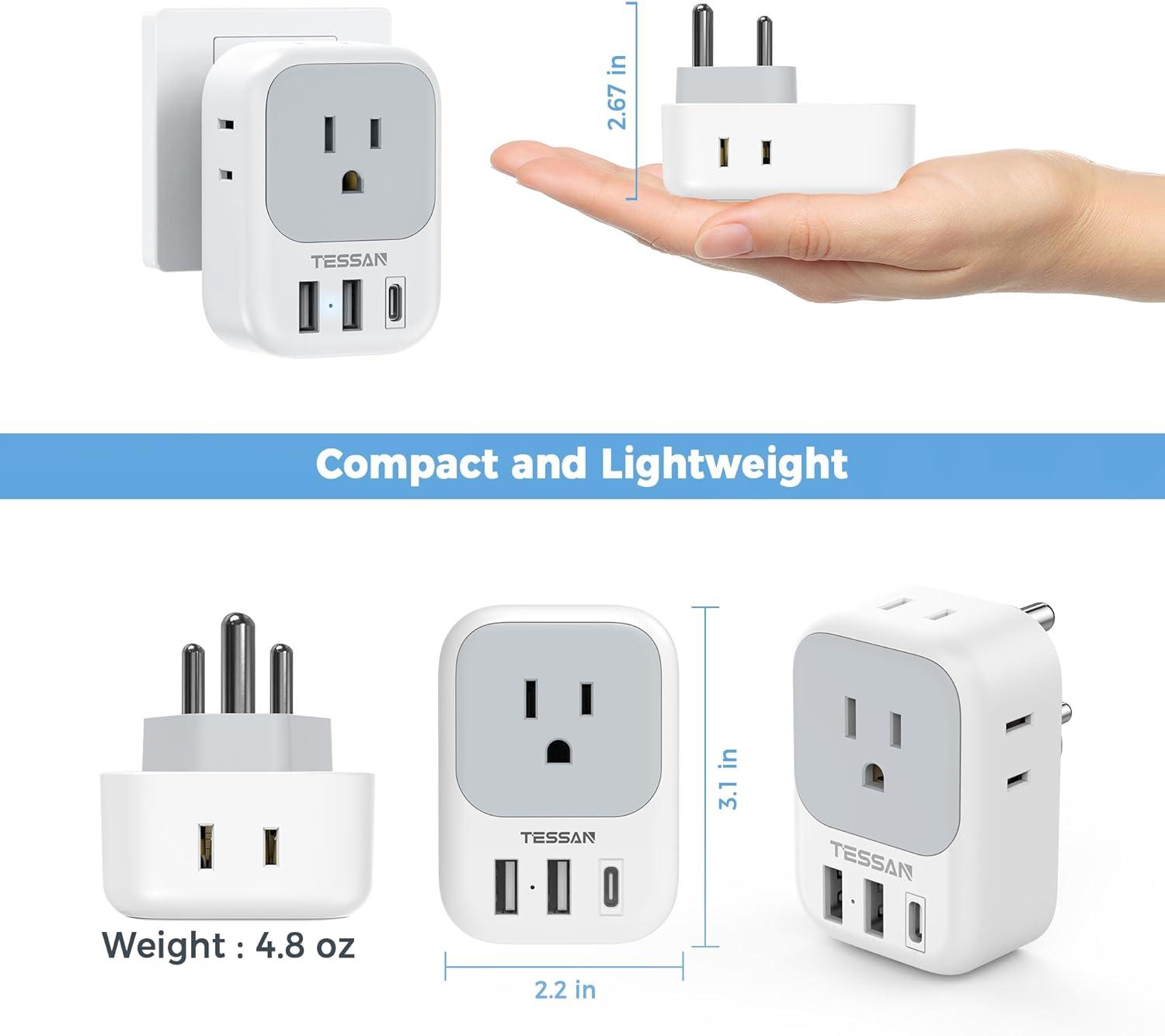 imageTESSAN South Africa Power Adapter Type M Plug Adaptor with 4 American Outlets 3 USB Charger 1 USB C Port for US to Bhutan Botswana Namibia NepalType Dwhite
