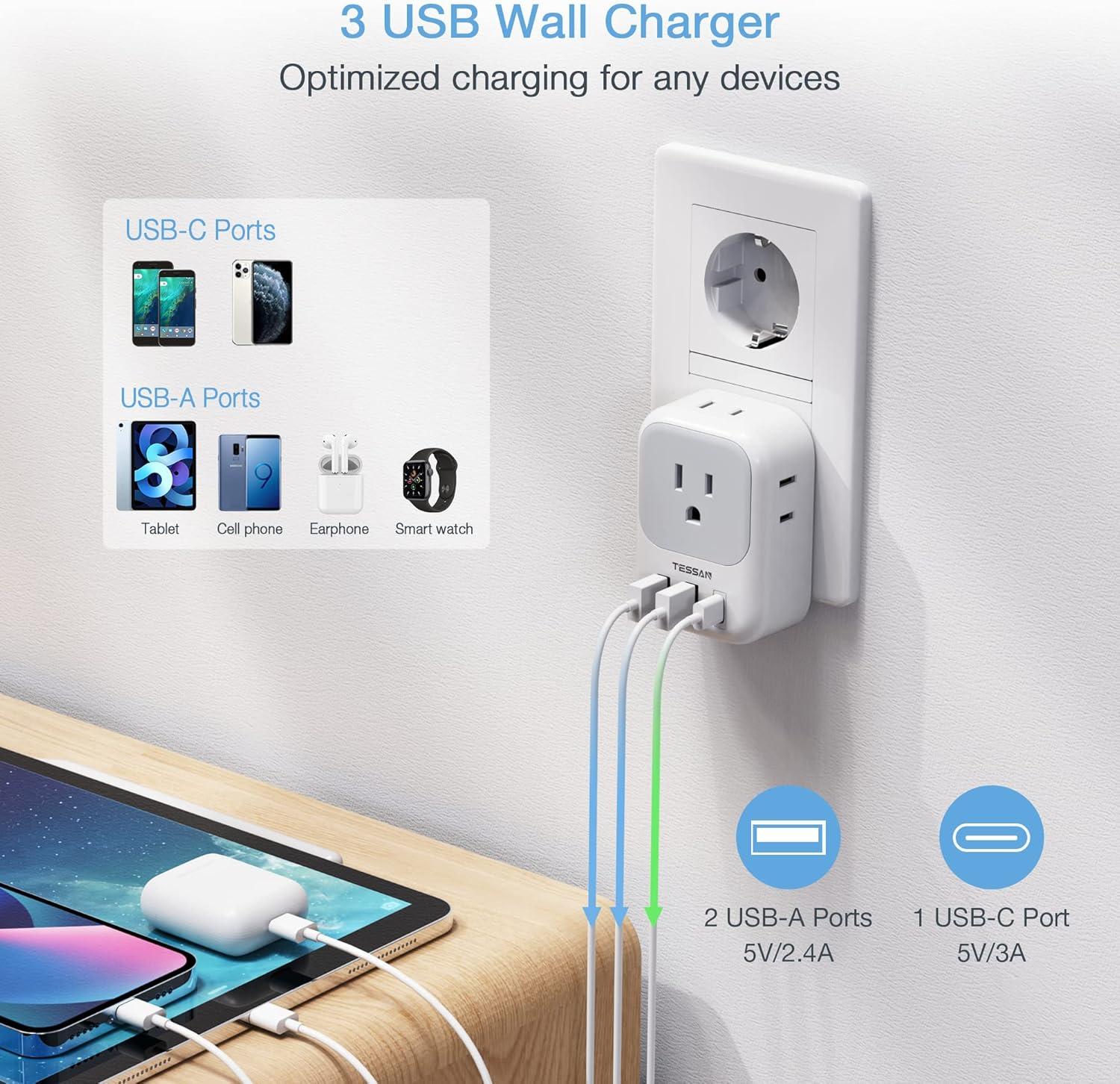 imageTESSAN South Africa Power Adapter Type M Plug Adaptor with 4 American Outlets 3 USB Charger 1 USB C Port for US to Bhutan Botswana Namibia NepalType EFwhitegrey