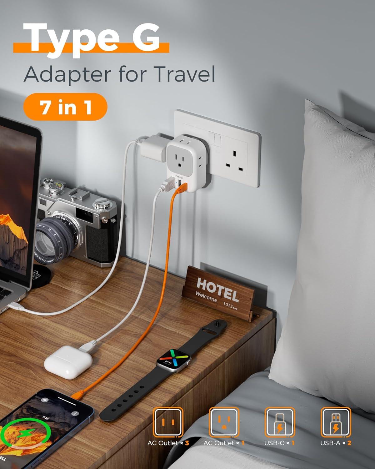 imageTESSAN South Africa Power Adapter Type M Plug Adaptor with 4 American Outlets 3 USB Charger 1 USB C Port for US to Bhutan Botswana Namibia NepalType GGray