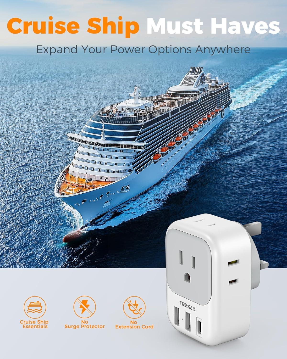 imageTESSAN South Africa Power Adapter Type M Plug Adaptor with 4 American Outlets 3 USB Charger 1 USB C Port for US to Bhutan Botswana Namibia NepalType GGray