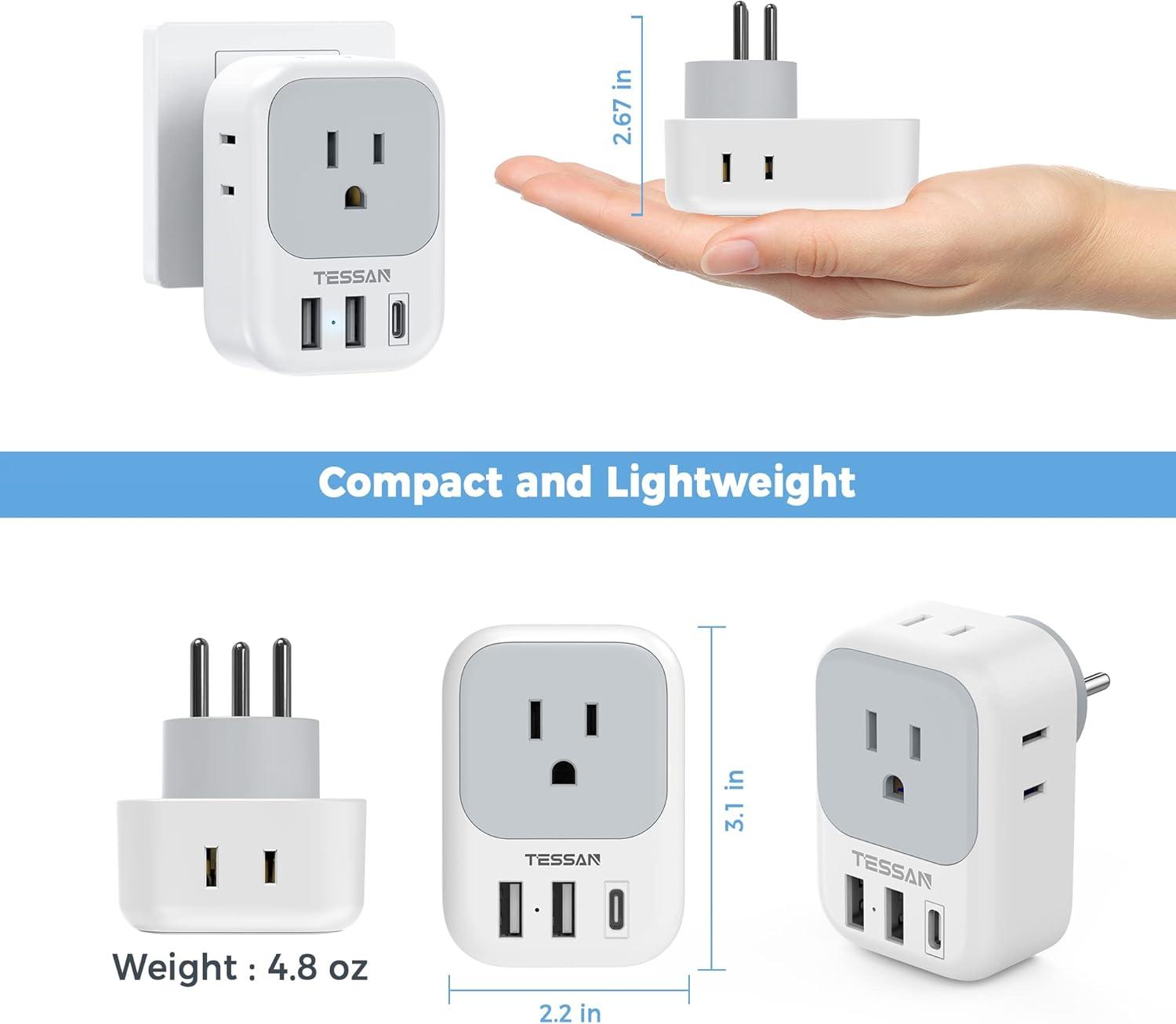 imageTESSAN South Africa Power Adapter Type M Plug Adaptor with 4 American Outlets 3 USB Charger 1 USB C Port for US to Bhutan Botswana Namibia NepalType Hgray