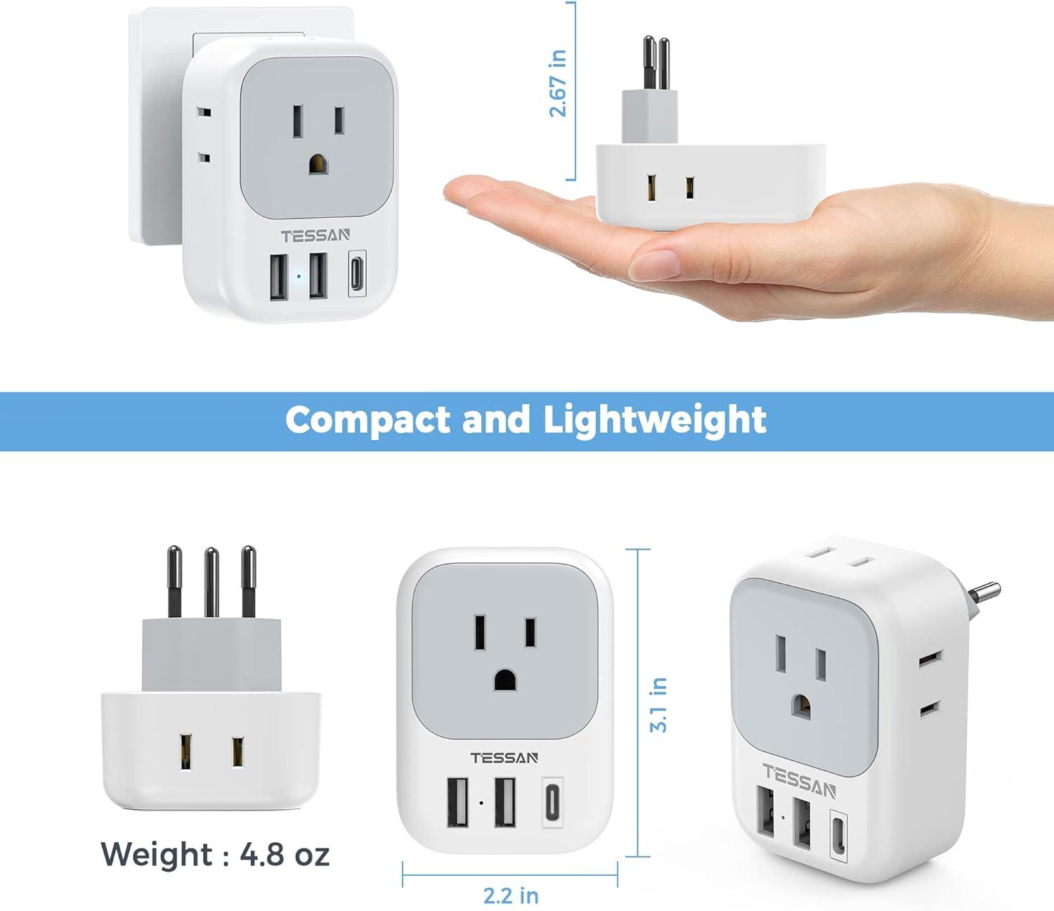 imageTESSAN South Africa Power Adapter Type M Plug Adaptor with 4 American Outlets 3 USB Charger 1 USB C Port for US to Bhutan Botswana Namibia NepalType Jwhitegrey