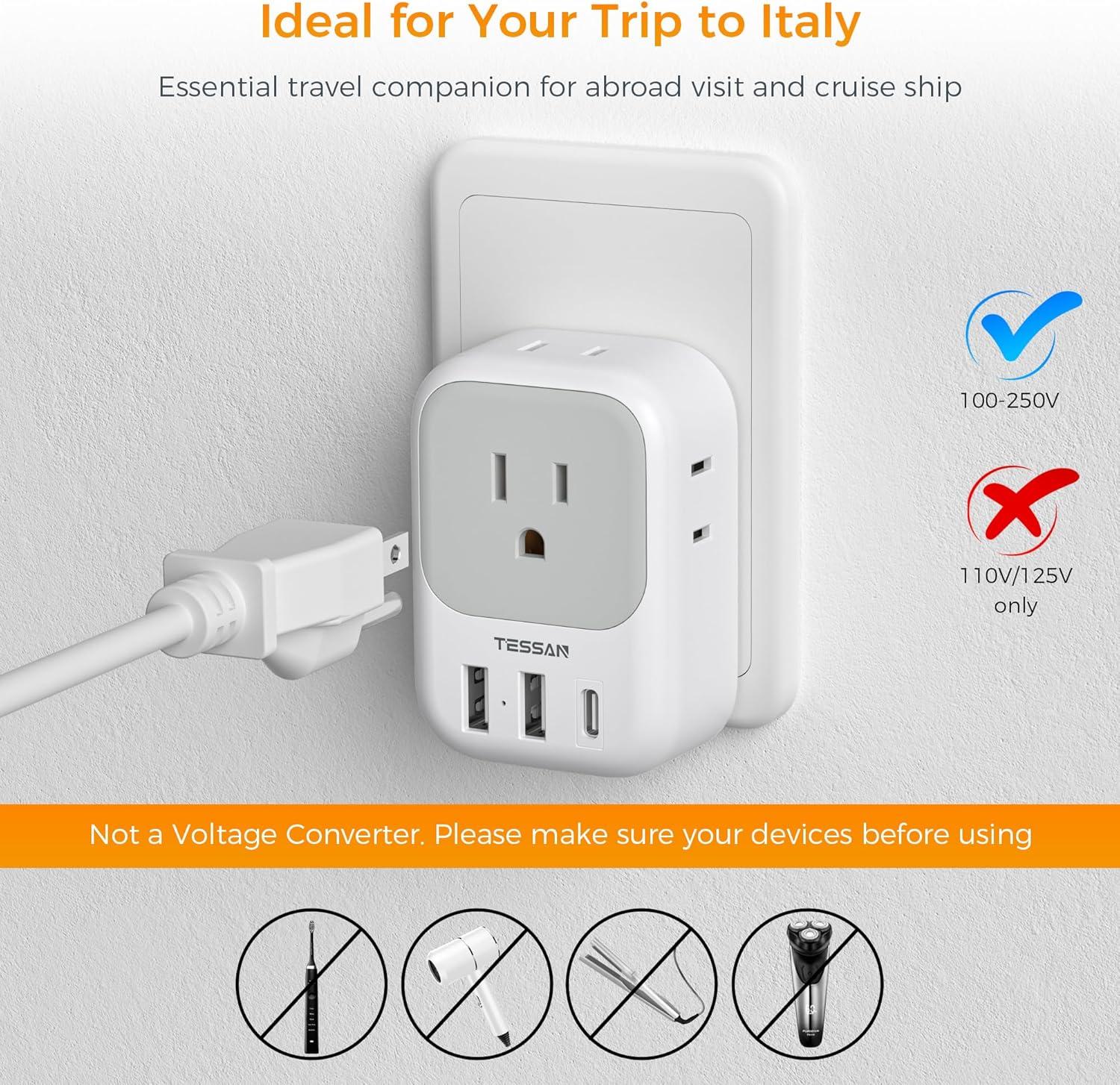 imageTESSAN South Africa Power Adapter Type M Plug Adaptor with 4 American Outlets 3 USB Charger 1 USB C Port for US to Bhutan Botswana Namibia NepalType Lwhite gray