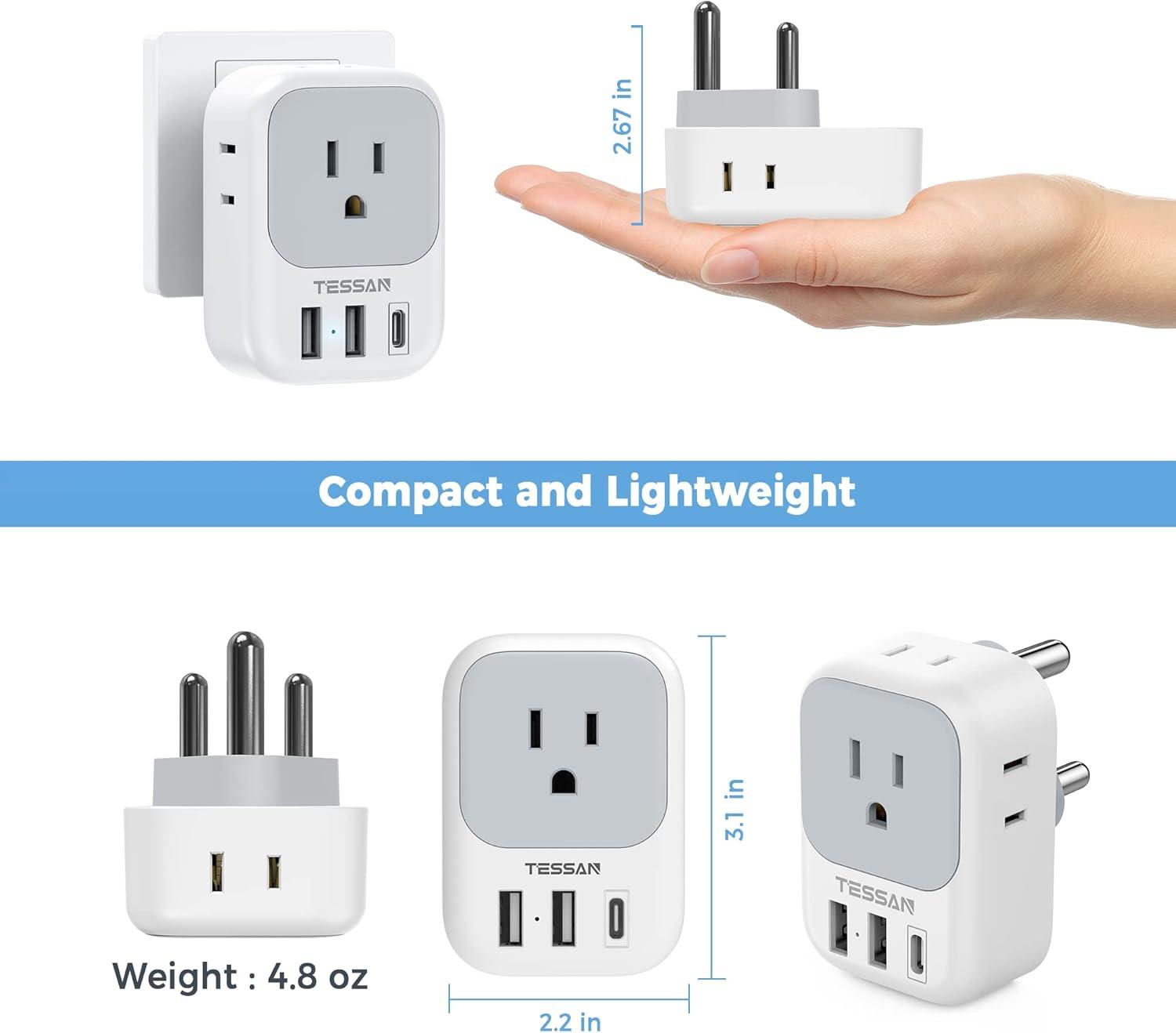 imageTESSAN South Africa Power Adapter Type M Plug Adaptor with 4 American Outlets 3 USB Charger 1 USB C Port for US to Bhutan Botswana Namibia NepalType Mgreywhite