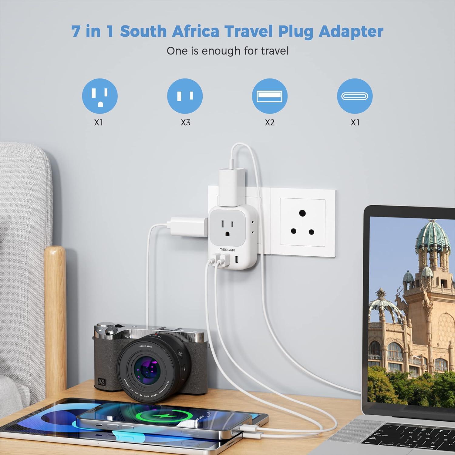 imageTESSAN South Africa Power Adapter Type M Plug Adaptor with 4 American Outlets 3 USB Charger 1 USB C Port for US to Bhutan Botswana Namibia NepalType Mgreywhite