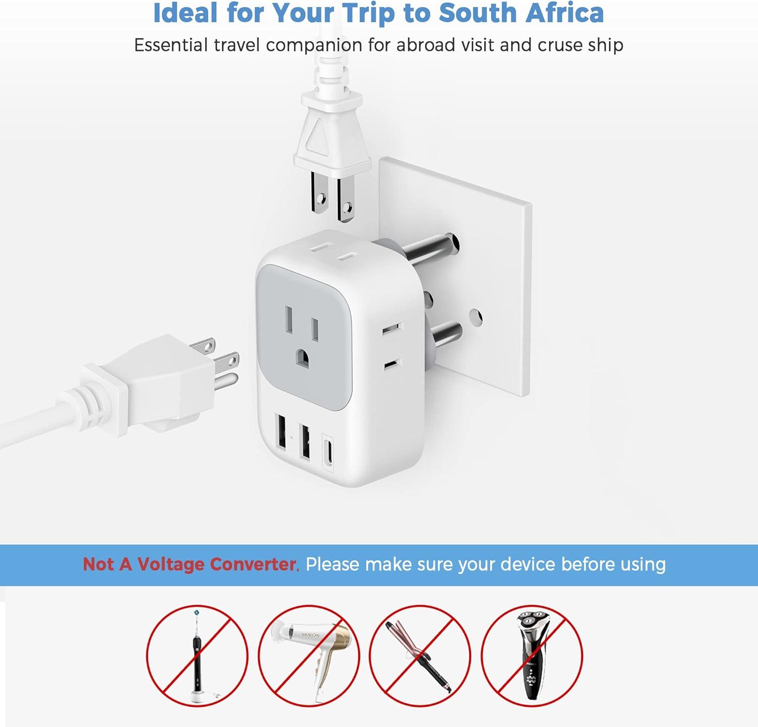 imageTESSAN South Africa Power Adapter Type M Plug Adaptor with 4 American Outlets 3 USB Charger 1 USB C Port for US to Bhutan Botswana Namibia NepalType Mgreywhite