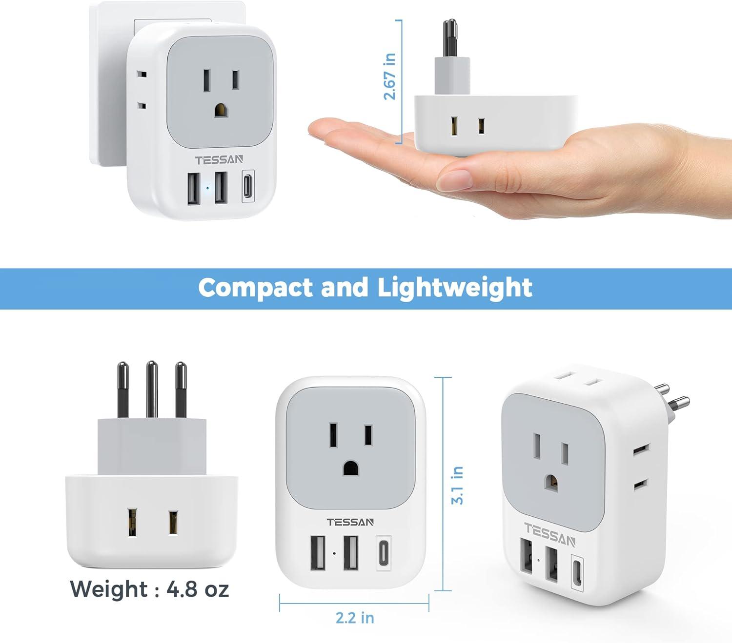 imageTESSAN South Africa Power Adapter Type M Plug Adaptor with 4 American Outlets 3 USB Charger 1 USB C Port for US to Bhutan Botswana Namibia NepalType Ngrey white