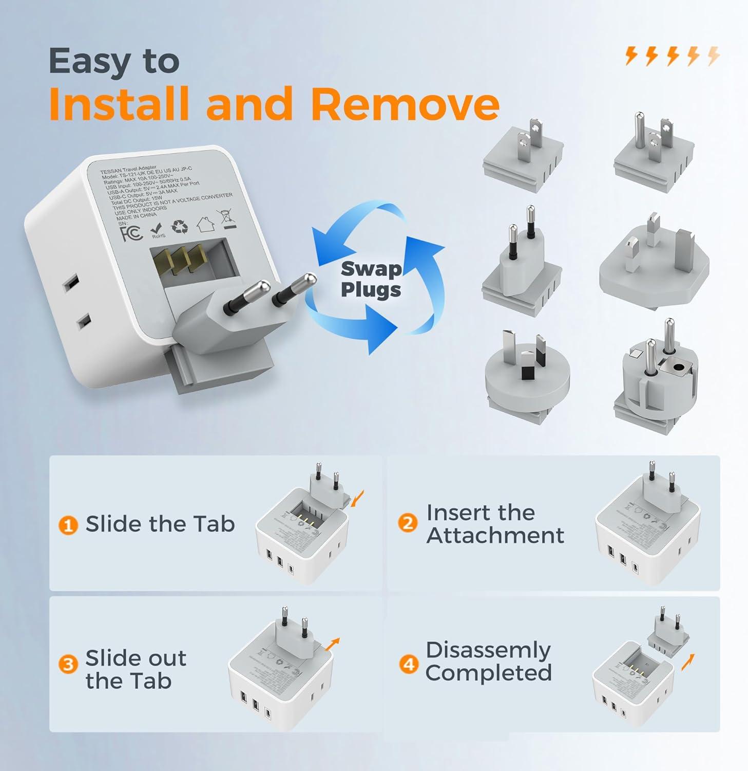 imageTESSAN Universal Travel Adapter Kit 6in1 International Power Adapter with 3 USB 1 USB C and 3 AC Outlets Wordwide Adaptor Supports Type C G EF I A B for US EU UK Australia Japan Greywhite grey  Type CGEFIAB