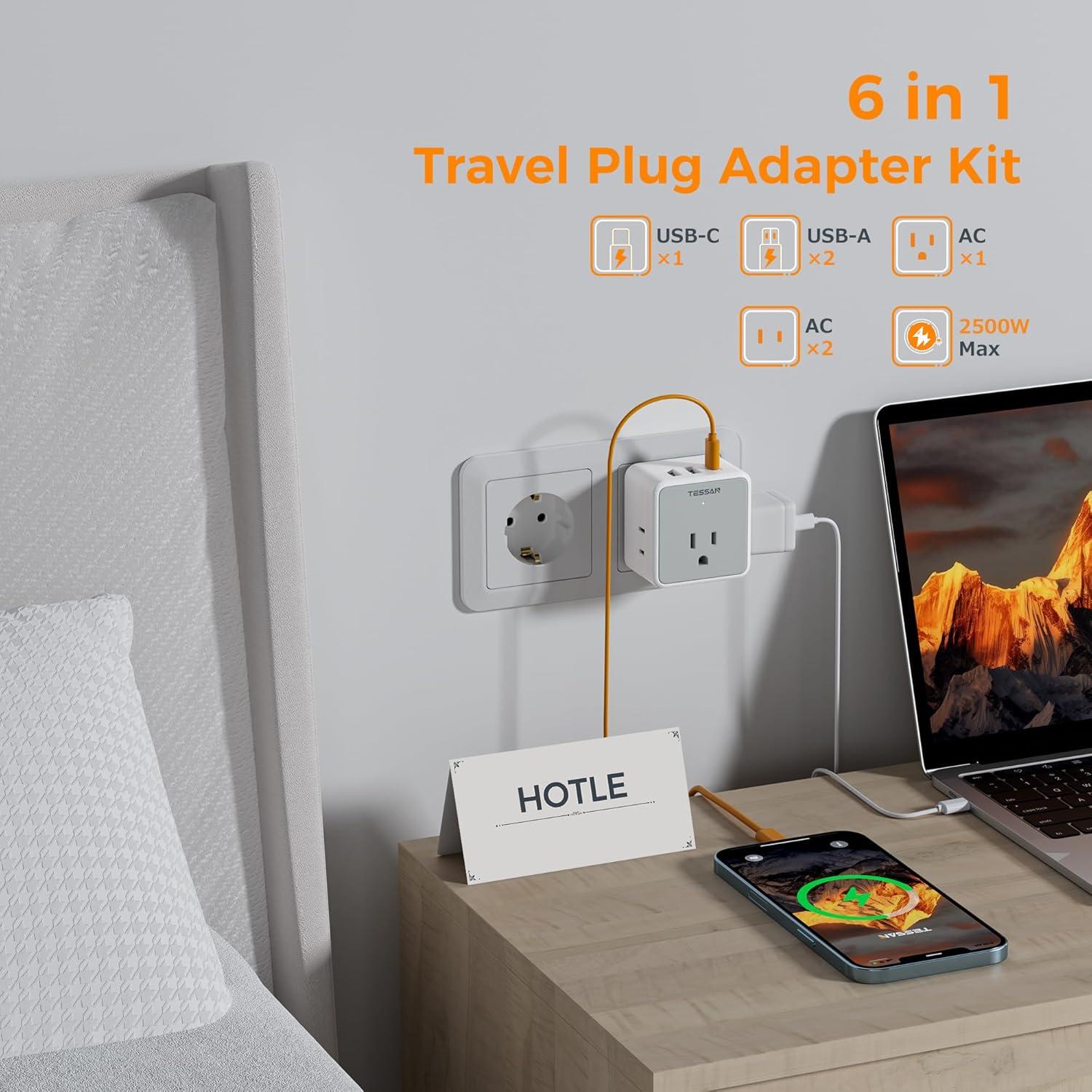imageTESSAN Universal Travel Adapter Kit 6in1 International Power Adapter with 3 USB 1 USB C and 3 AC Outlets Wordwide Adaptor Supports Type C G EF I A B for US EU UK Australia Japan Greywhite grey  Type CGEFIAB