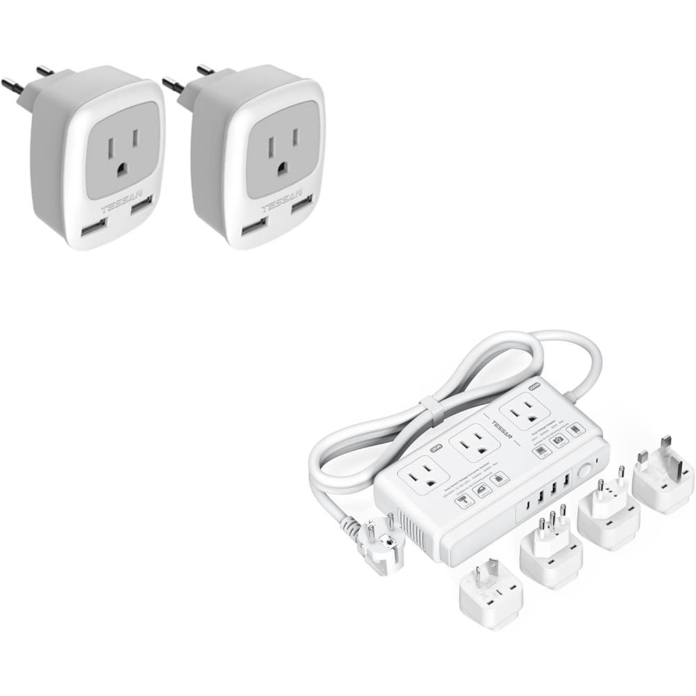 imageEuropean Travel Plug Adapter 2 Pack TESSAN International Power Outlet Adaptor with 2 USB 220V to 110V Voltage Converter Step Down Transformer for UK EU AUS Italy Spain for Hair Dryer Curling Iron