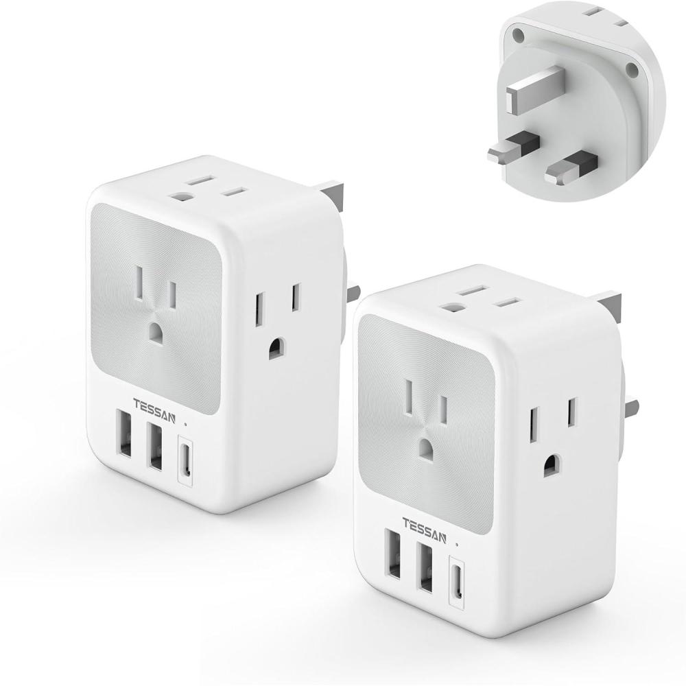 imageEuropean Travel Plug Adapter 2 Packs TESSAN Europe International Power Adaptor with 4 Outlets 3 USB Charging Ports 1 USB C Type C Plug for Germany Iceland Spain Italy FranceGrey white Type G