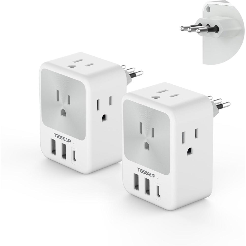 imageEuropean Travel Plug Adapter 2 Packs TESSAN Europe International Power Adaptor with 4 Outlets 3 USB Charging Ports 1 USB C Type C Plug for Germany Iceland Spain Italy FranceWhiteGrey Type L