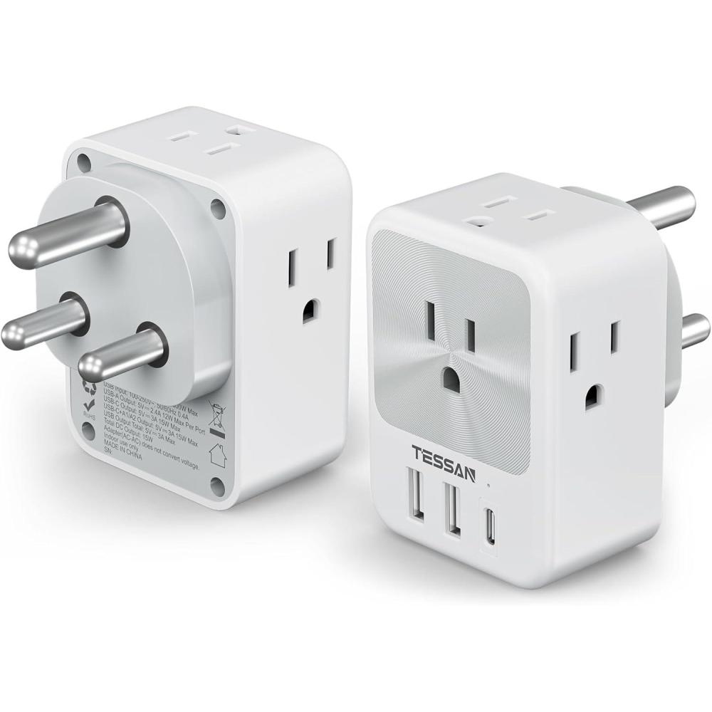 imageEuropean Travel Plug Adapter 2 Packs TESSAN Europe International Power Adaptor with 4 Outlets 3 USB Charging Ports 1 USB C Type C Plug for Germany Iceland Spain Italy FranceGrey white Type D