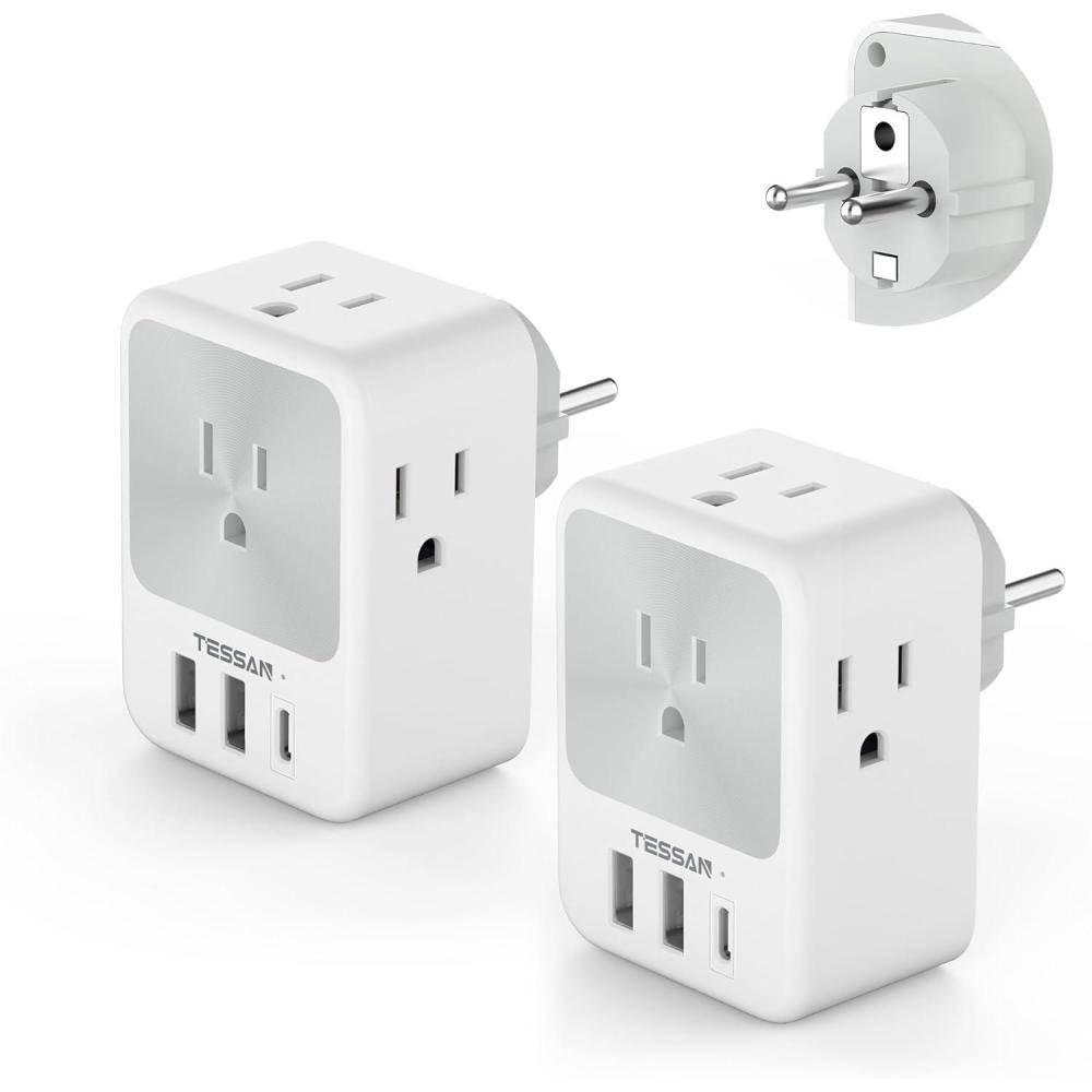 imageEuropean Travel Plug Adapter 2 Packs TESSAN Europe International Power Adaptor with 4 Outlets 3 USB Charging Ports 1 USB C Type C Plug for Germany Iceland Spain Italy FranceGray whiteType E F