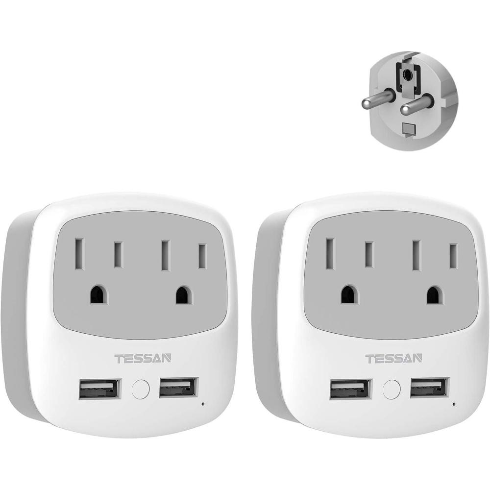 imageEuropean Travel Plug Adapter TESSAN Type C Adaptor with 2 Electrical Outlets 2 USB Ports 1 USB C EU Power Adapter for US to Europe International Iceland Spain Italy France Germany GreeceGreyType EF2 Pack