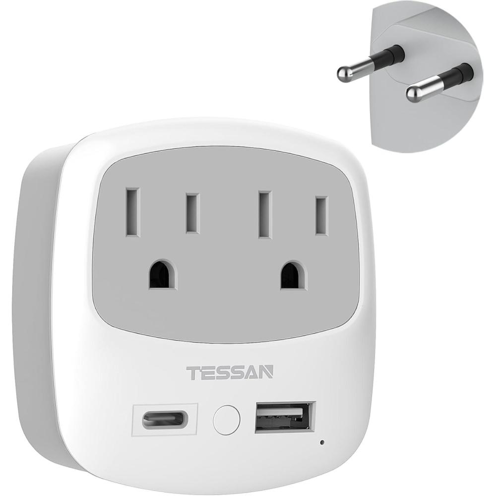 imageEuropean Travel Plug Adapter TESSAN Type C Adaptor with 2 Electrical Outlets 2 USB Ports 1 USB C EU Power Adapter for US to Europe International Iceland Spain Italy France Germany GreeceGrey