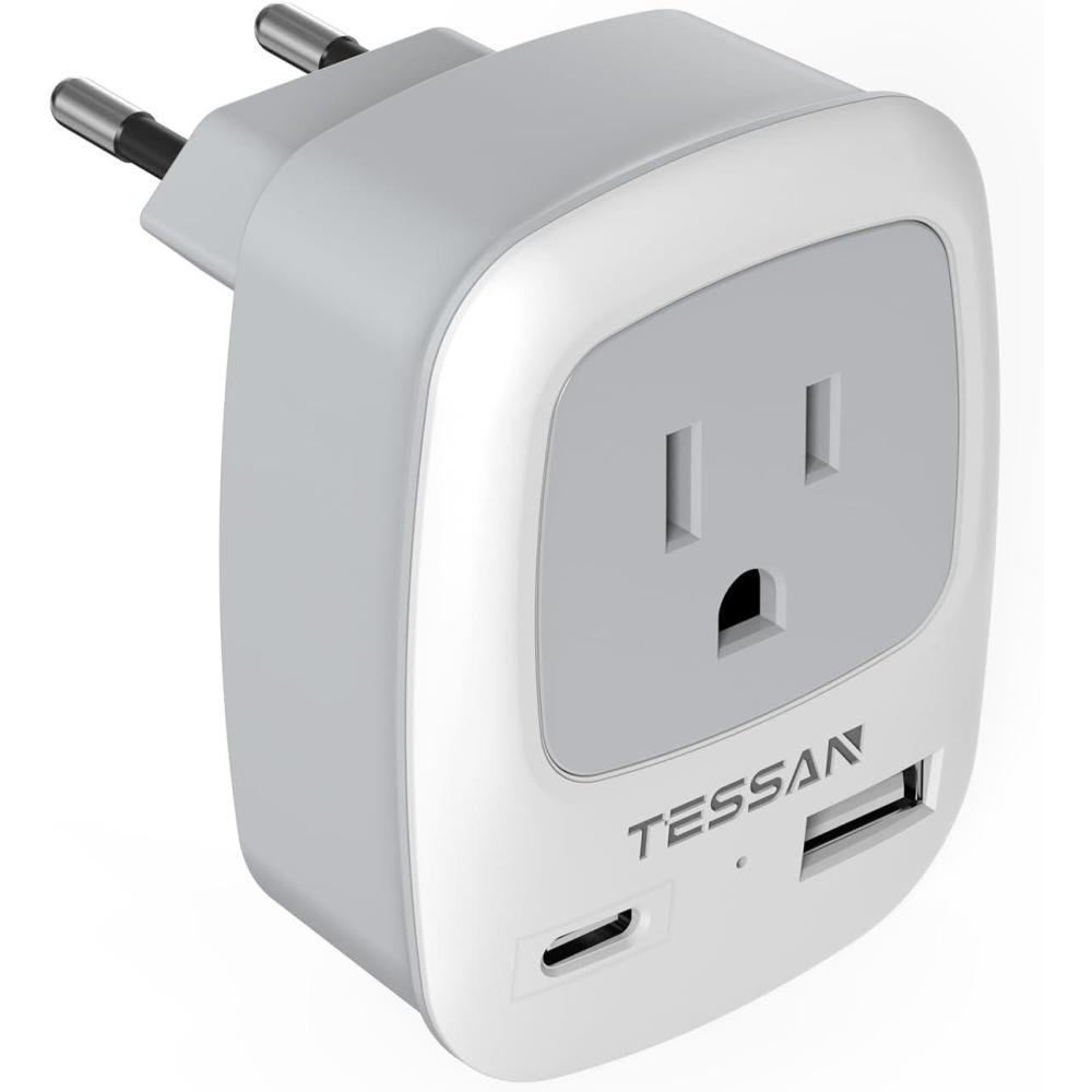 imageTESSAN European Travel Plug Adapter Europe Power Adaptor with 2 USB Ports International Type C Outlet Charger for US to Most of EU Iceland Spain Italy France Germanywhitegrey