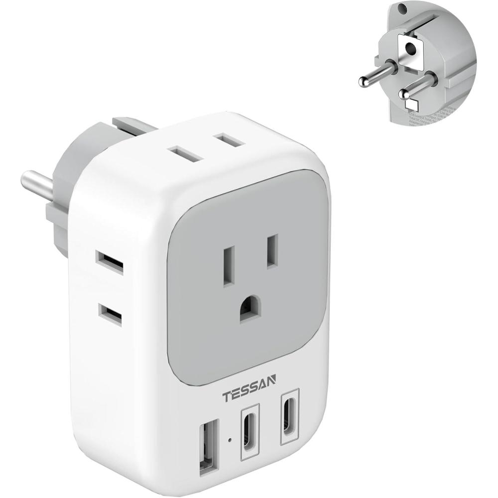 imageTESSAN European Travel Plug Adapter Type C Power Adaptor with 4 AC Outlets 3 USB Ports 2 USB C Europe Outlet Adapter for USA to EU Euro International Italy Iceland Spain France Greece GermanyGreyType EF 2 USB C