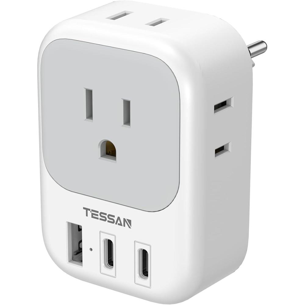 imageTESSAN European Travel Plug Adapter Type C Power Adaptor with 4 AC Outlets 3 USB Ports 2 USB C Europe Outlet Adapter for USA to EU Euro International Italy Iceland Spain France Greece GermanygreywhiteType J