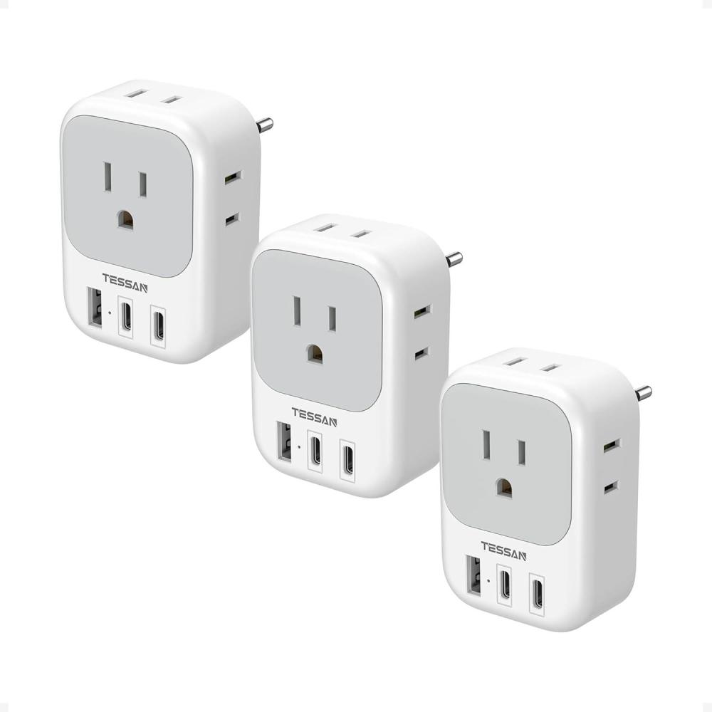 imageTESSAN European Travel Plug Adapter USB C 3 Pack US to Europe Plug Adaptor with 4 AC Outlets 3 USB Charging Ports Type C Power Adapter for USA to EU Euro Spain France Iceland Italy Germany GreeceGreyType C