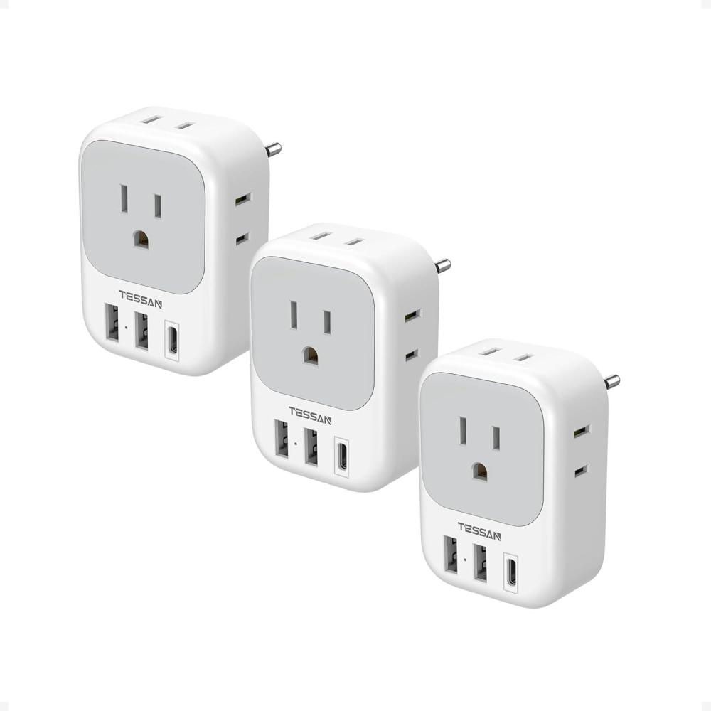 imageTESSAN European Travel Plug Adapter USB C 3 Pack US to Europe Plug Adaptor with 4 AC Outlets 3 USB Charging Ports Type C Power Adapter for USA to EU Euro Spain France Iceland Italy Germany GreeceGrayWhiteType C