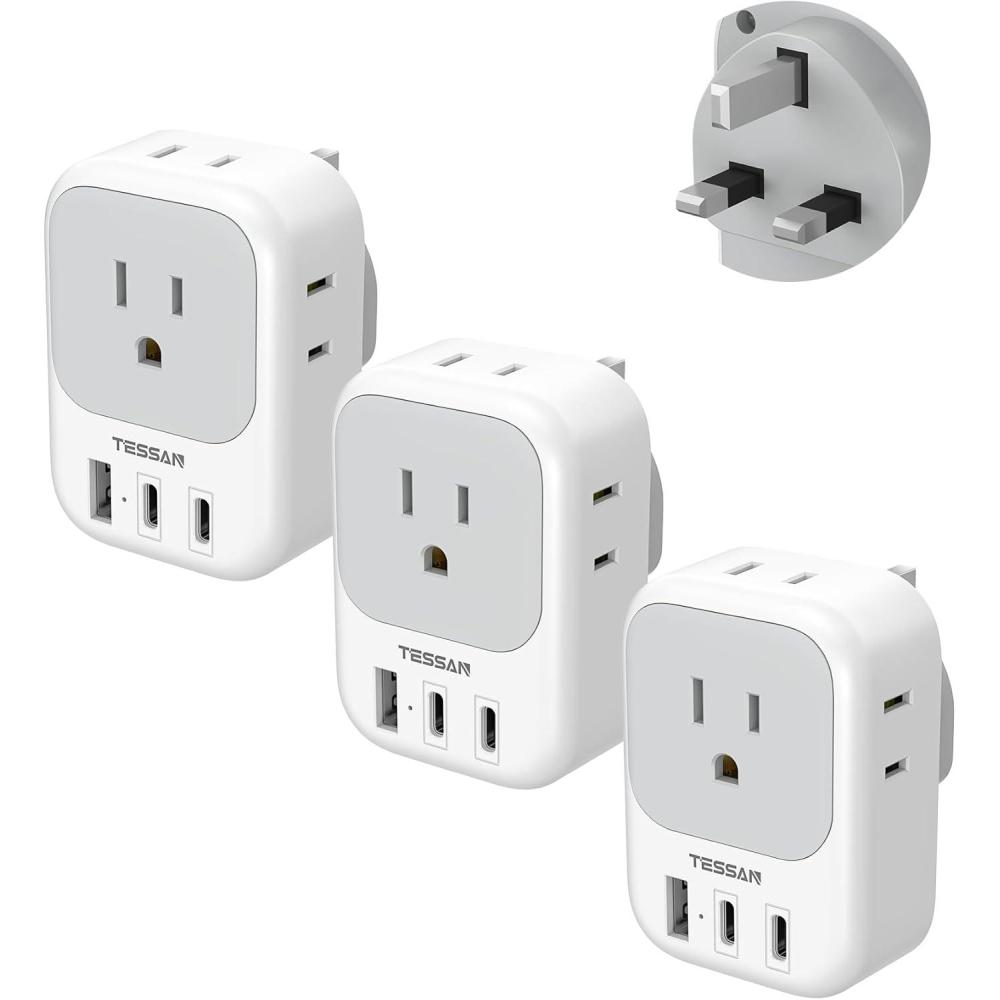 imageTESSAN European Travel Plug Adapter USB C 3 Pack US to Europe Plug Adaptor with 4 AC Outlets 3 USB Charging Ports Type C Power Adapter for USA to EU Euro Spain France Iceland Italy Germany GreecegraywhiteType G