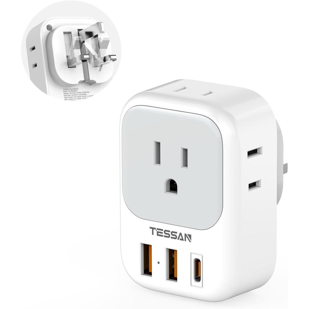 imageTESSAN South Africa Power Adapter Type M Plug Adaptor with 4 American Outlets 3 USB Charger 1 USB C Port for US to Bhutan Botswana Namibia NepalType GUK IrelandFoldable