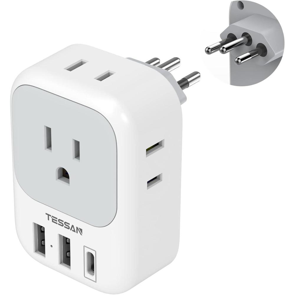imageTESSAN South Africa Power Adapter Type M Plug Adaptor with 4 American Outlets 3 USB Charger 1 USB C Port for US to Bhutan Botswana Namibia NepalType Ngrey white